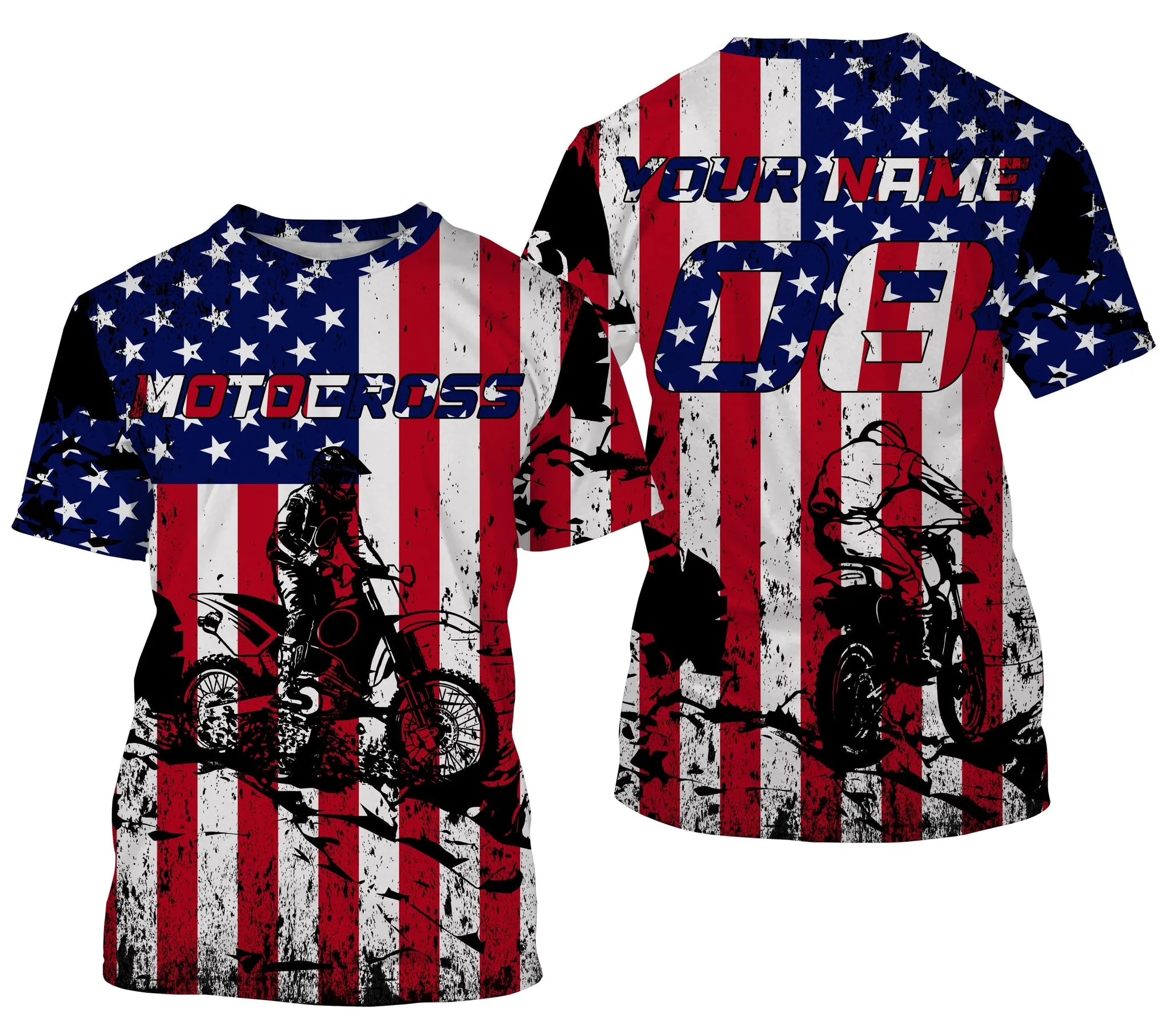 American Flag Motocross Jersey Personalized Name Patriotic MX Racing Motorcycle Jersey, Flag 3D Long Sleeve Shirt