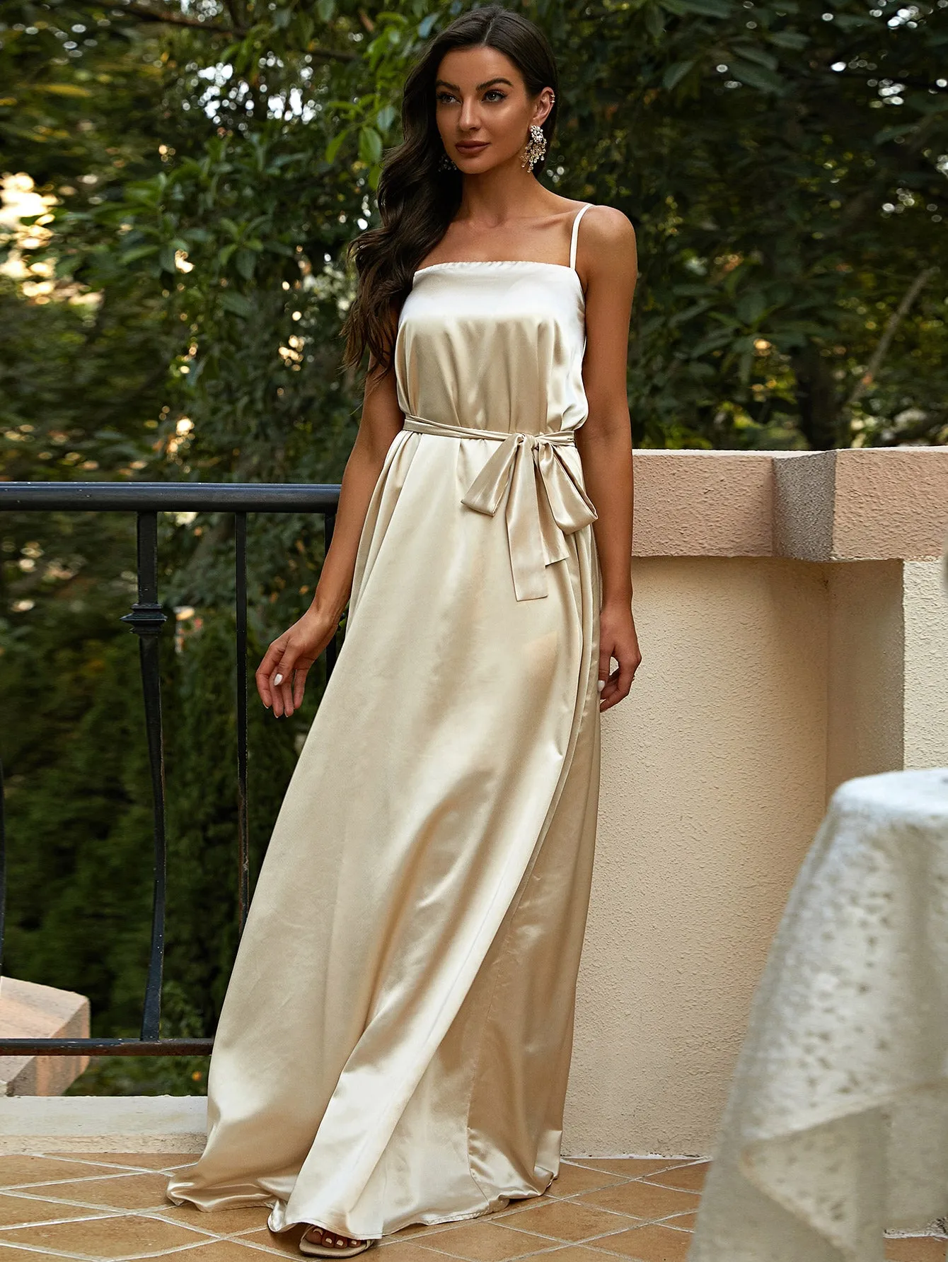 Belted Spaghetti Strap Satin Floor-Length Dress