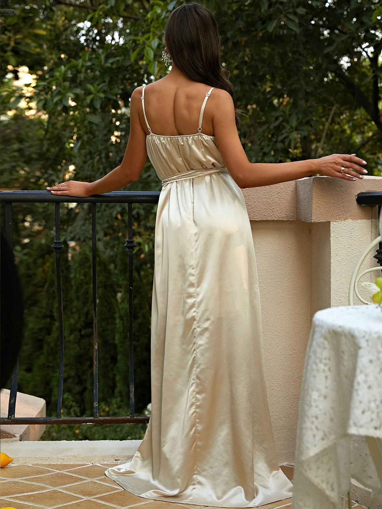 Belted Spaghetti Strap Satin Floor-Length Dress