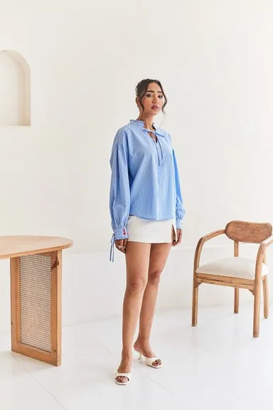 Blue Striped Oversized Shirt with Embroidery Detail