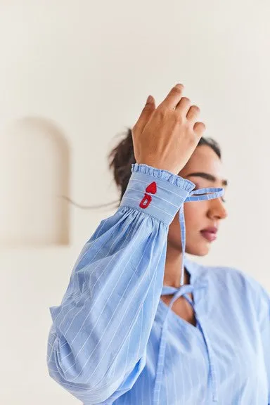 Blue Striped Oversized Shirt with Embroidery Detail