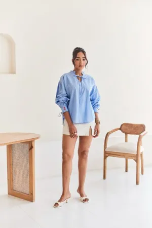 Blue Striped Oversized Shirt with Embroidery Detail