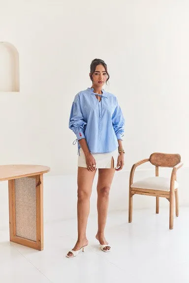 Blue Striped Oversized Shirt with Embroidery Detail