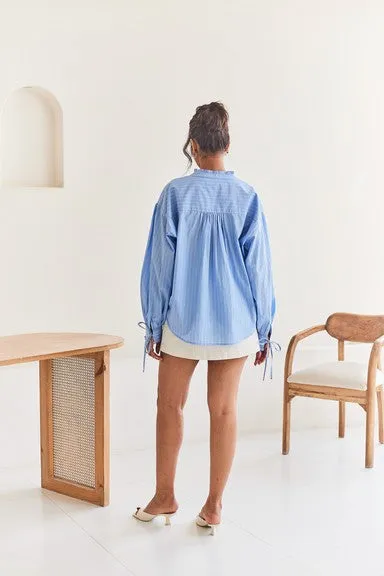 Blue Striped Oversized Shirt with Embroidery Detail