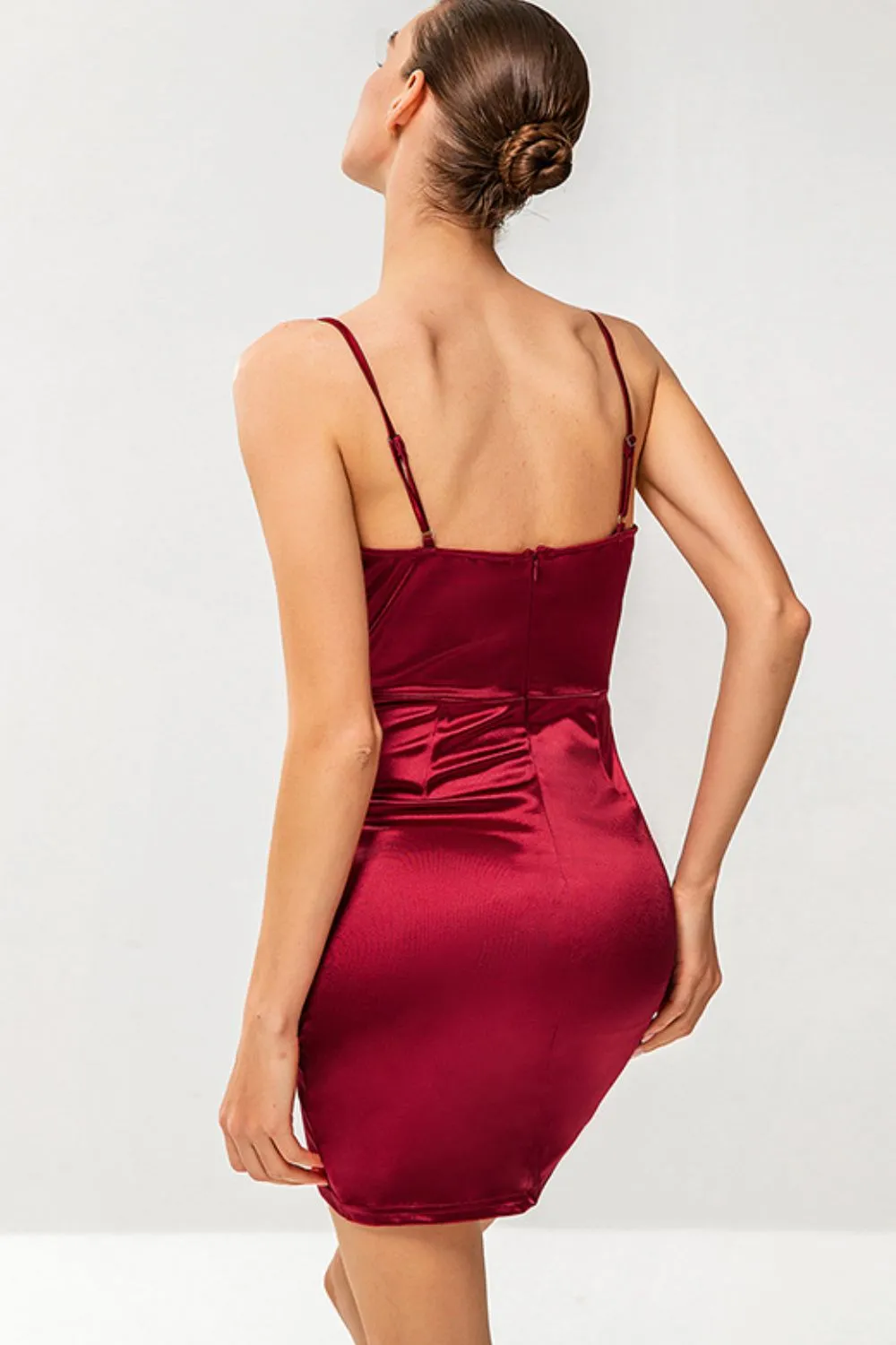 Crisscross Ruched Tulip Hem Satin Dress
