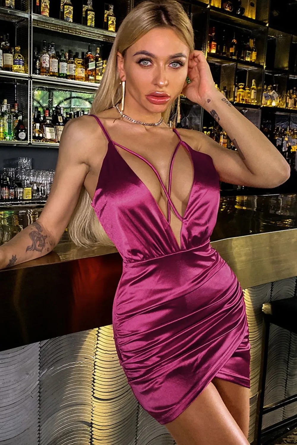 Crisscross Ruched Tulip Hem Satin Dress