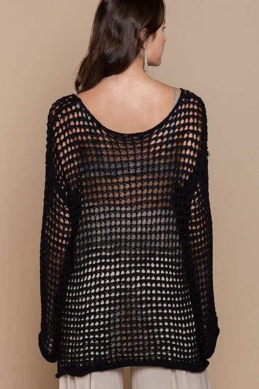 CROCHET BOAT NECK TOP WITH BELL SLEEVE