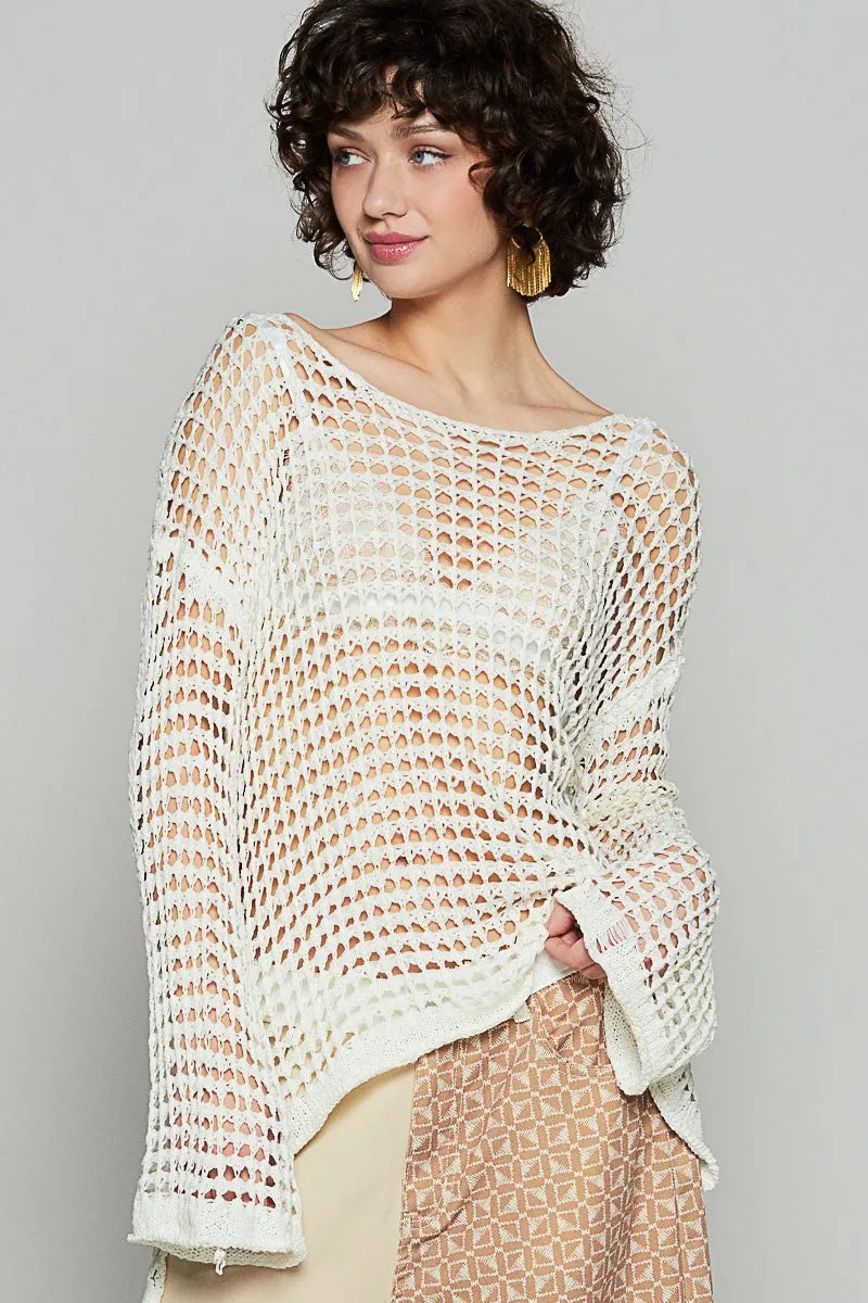 CROCHET BOAT NECK TOP WITH BELL SLEEVE