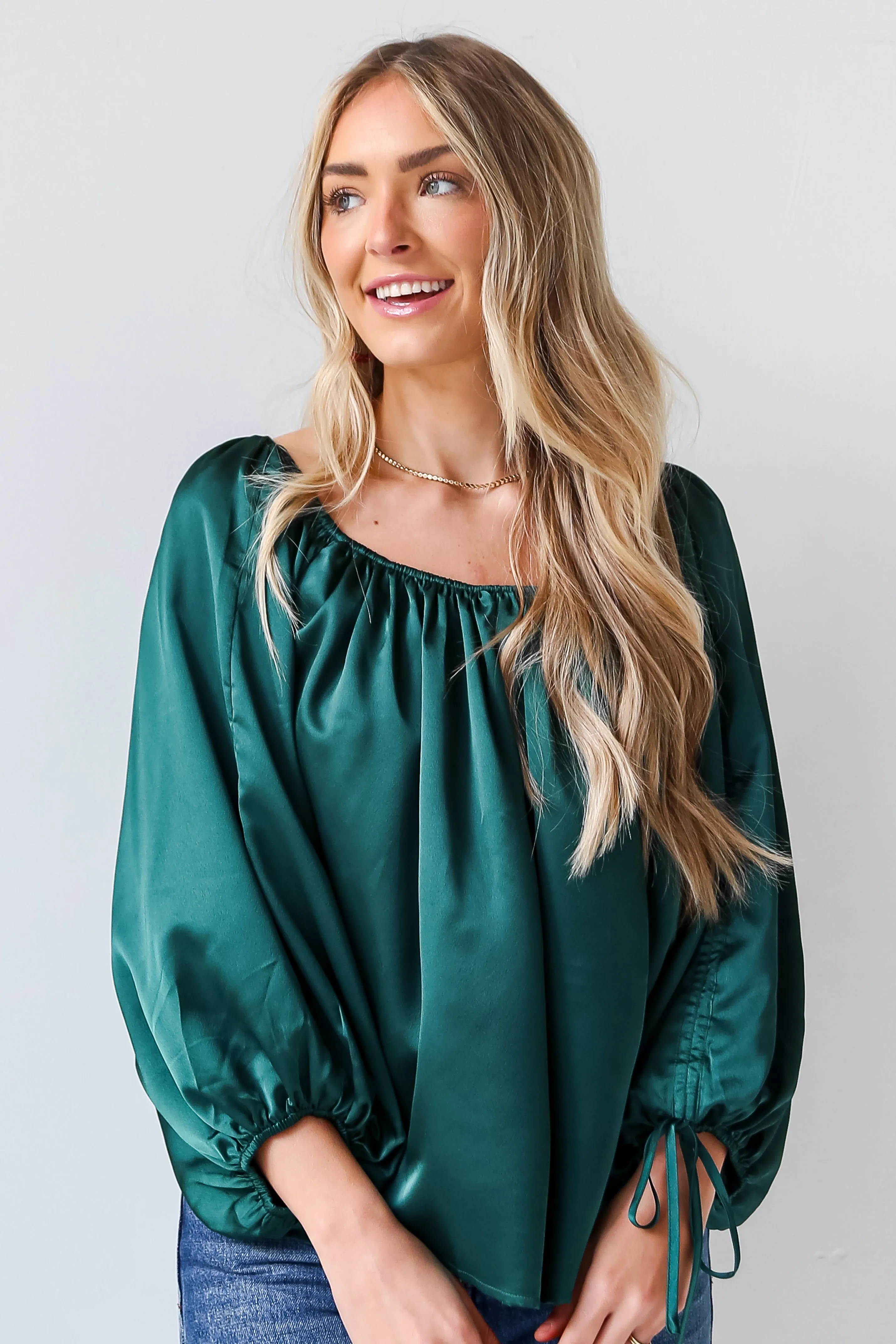 FINAL SALE - Utterly Enchanted Hunter Green Satin Blouse
