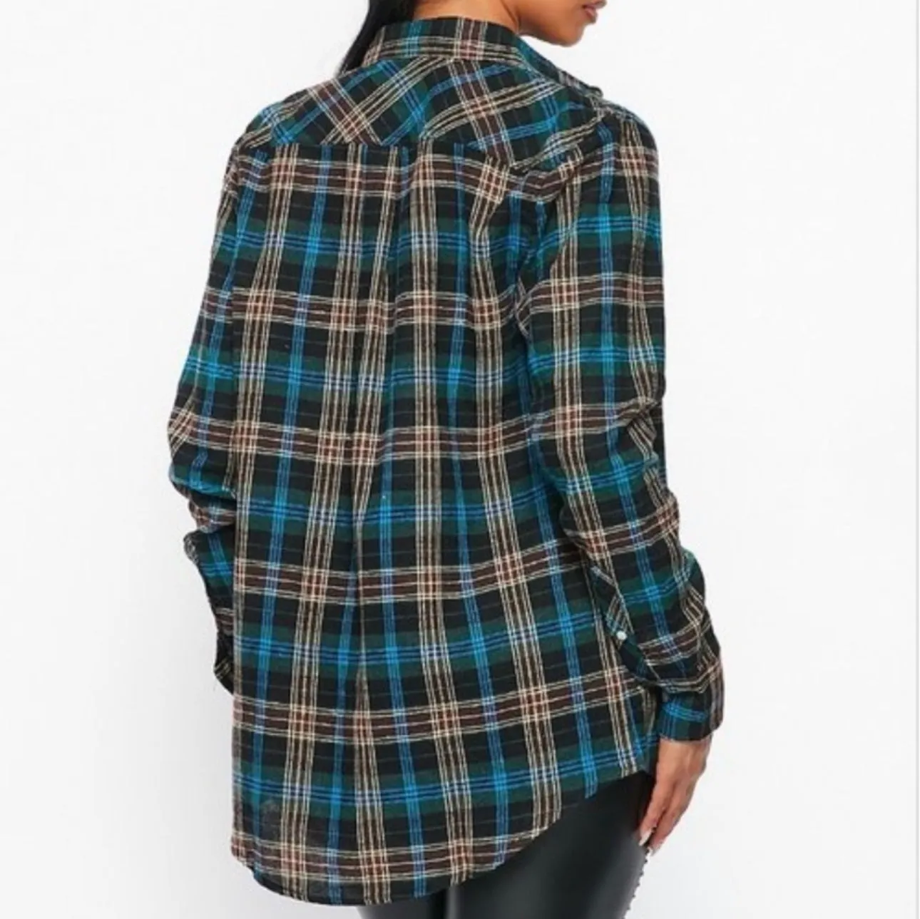 Flannel Babe Unisex Multi Blue/Green Plaid Long Sleeve Oversized Button Down Shirt