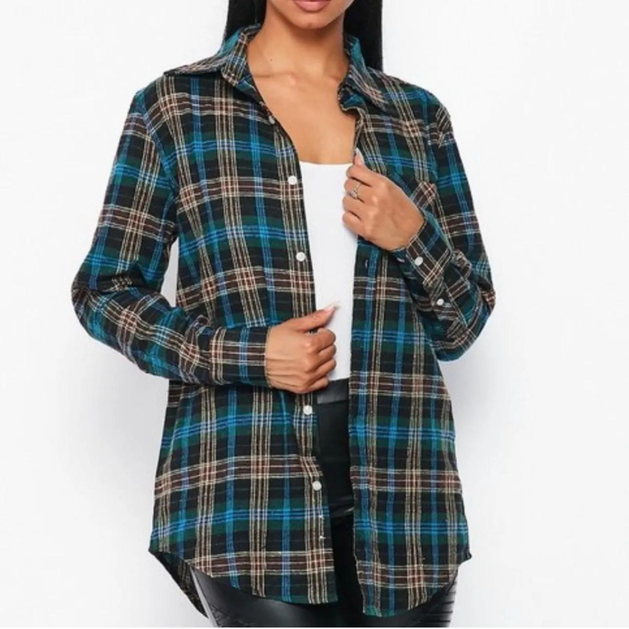 Flannel Babe Unisex Multi Blue/Green Plaid Long Sleeve Oversized Button Down Shirt
