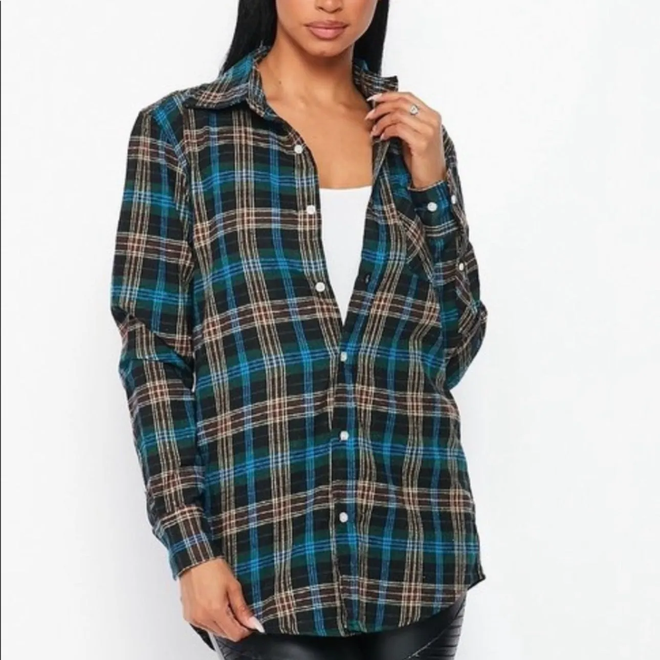 Flannel Babe Unisex Multi Blue/Green Plaid Long Sleeve Oversized Button Down Shirt