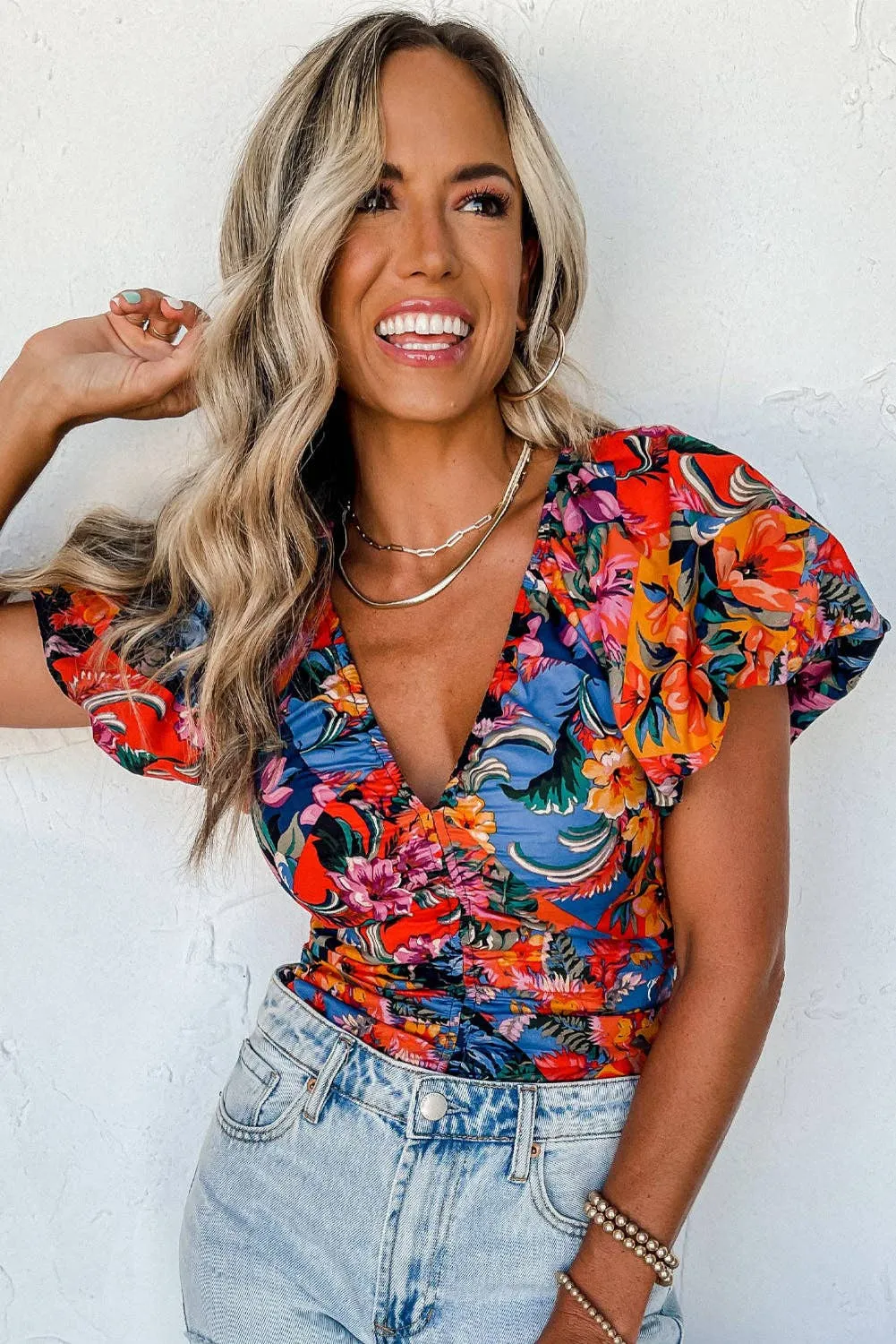 Floral Print Ruched Blouse