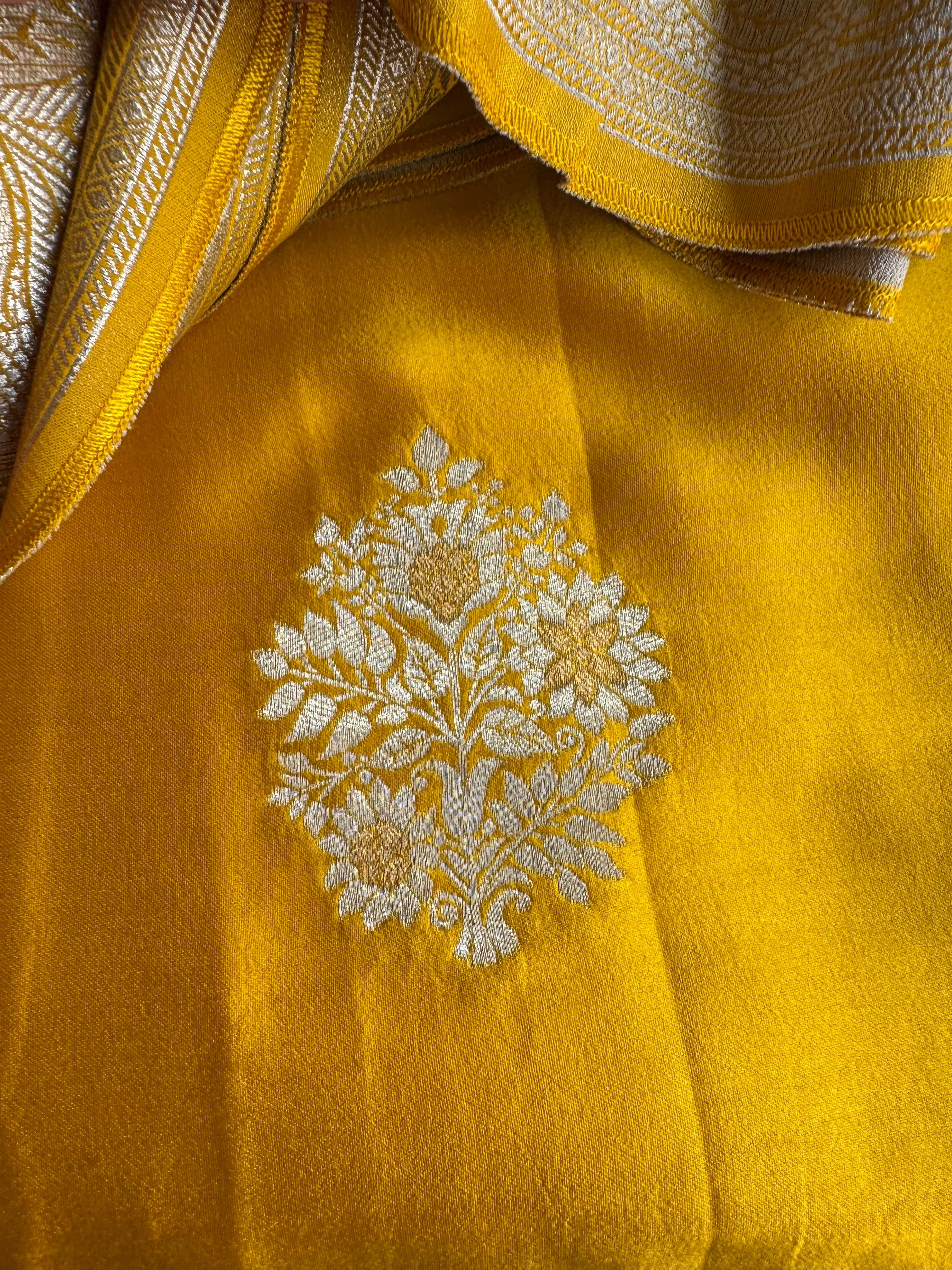 Golden Yellow and Silver Mashru Soft Silk Saree
