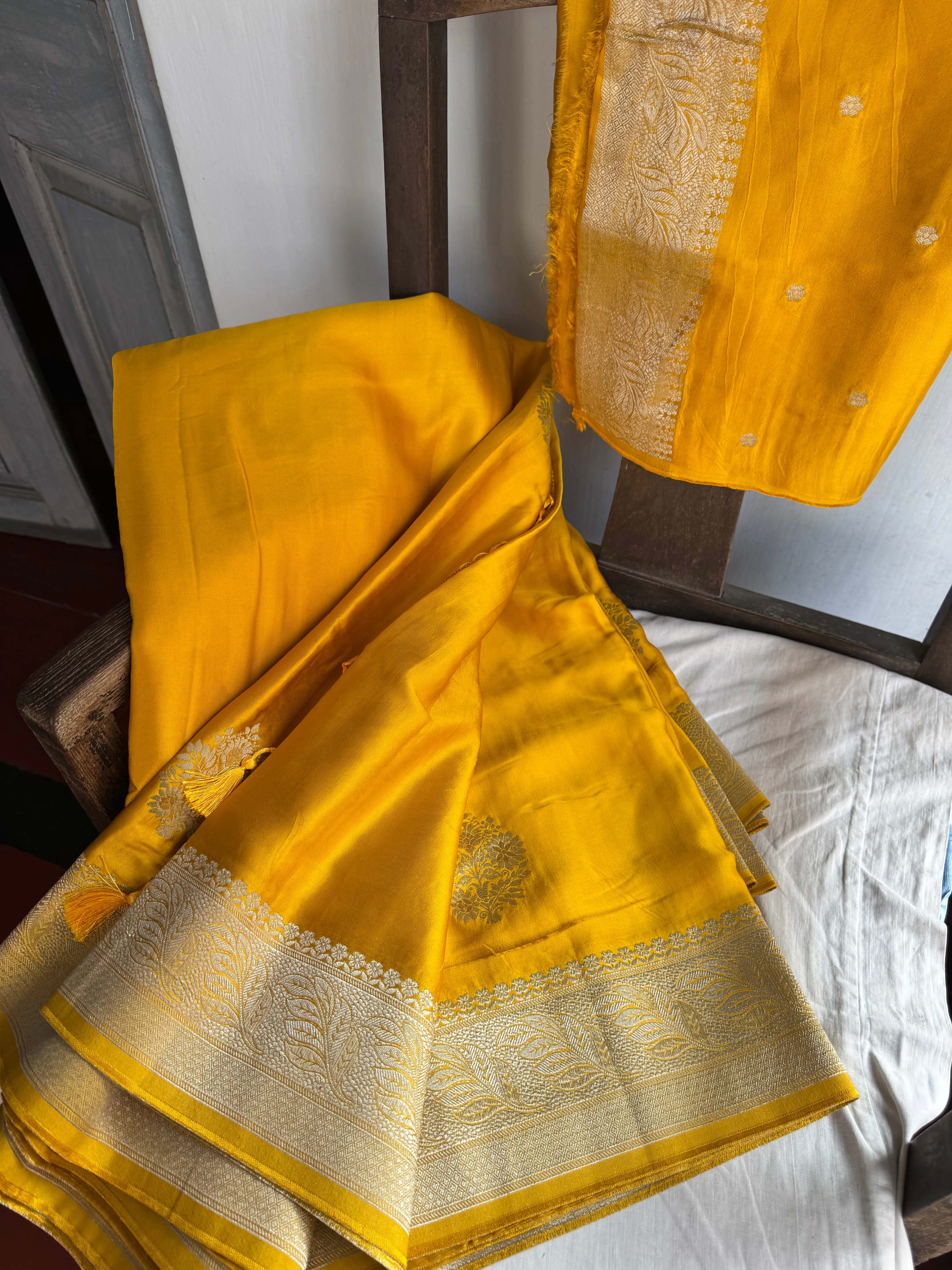 Golden Yellow and Silver Mashru Soft Silk Saree