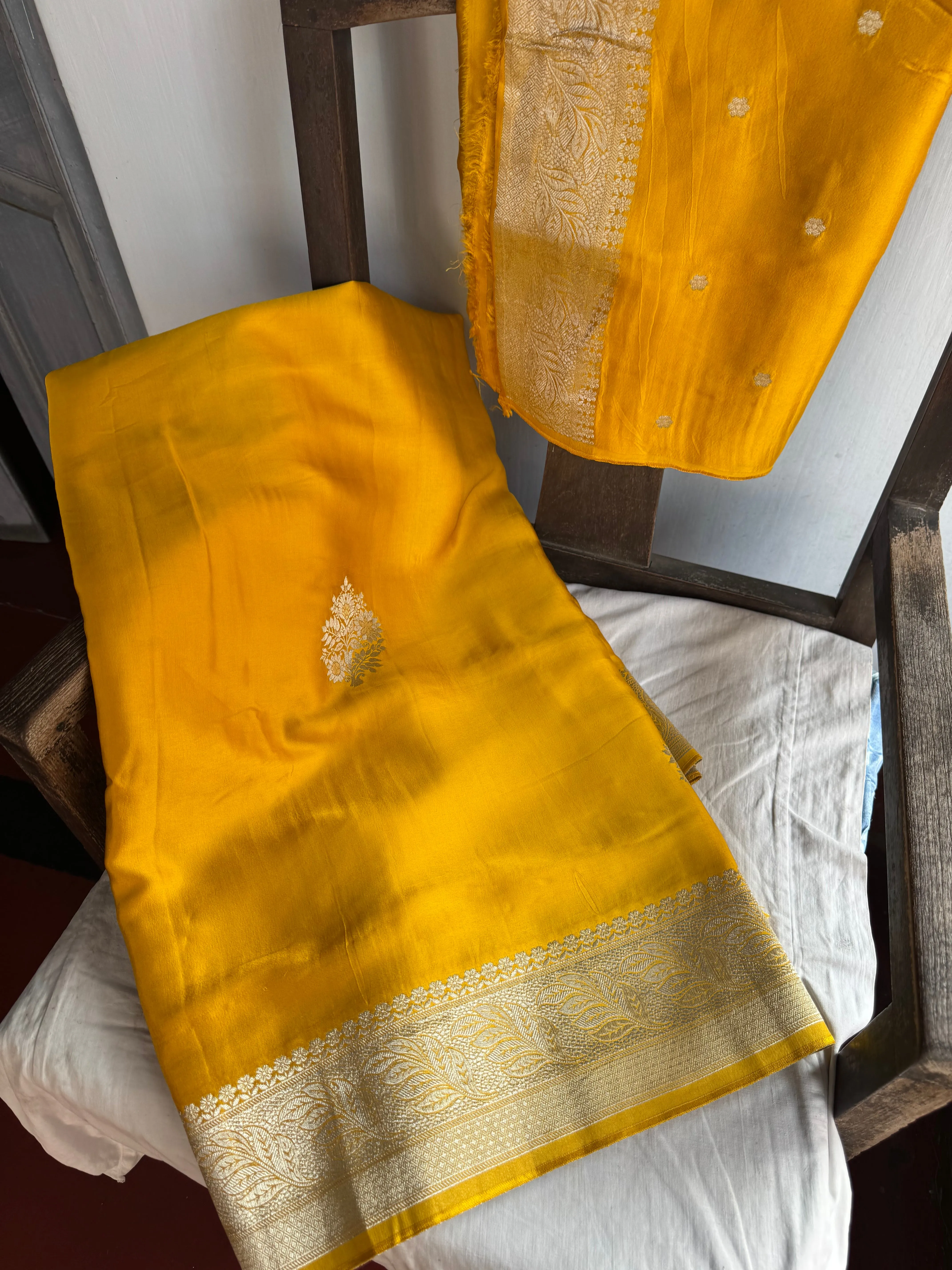 Golden Yellow and Silver Mashru Soft Silk Saree