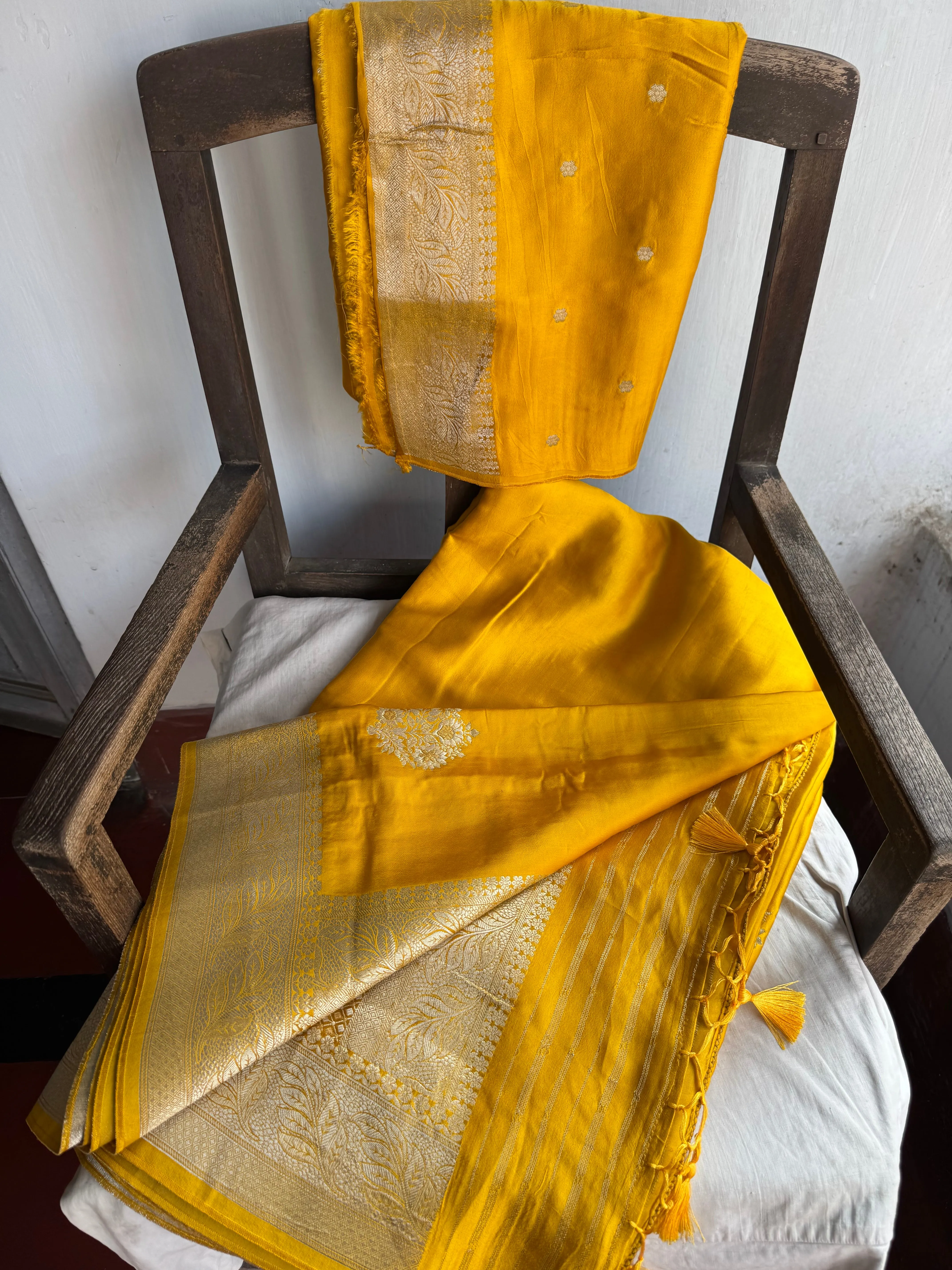 Golden Yellow and Silver Mashru Soft Silk Saree