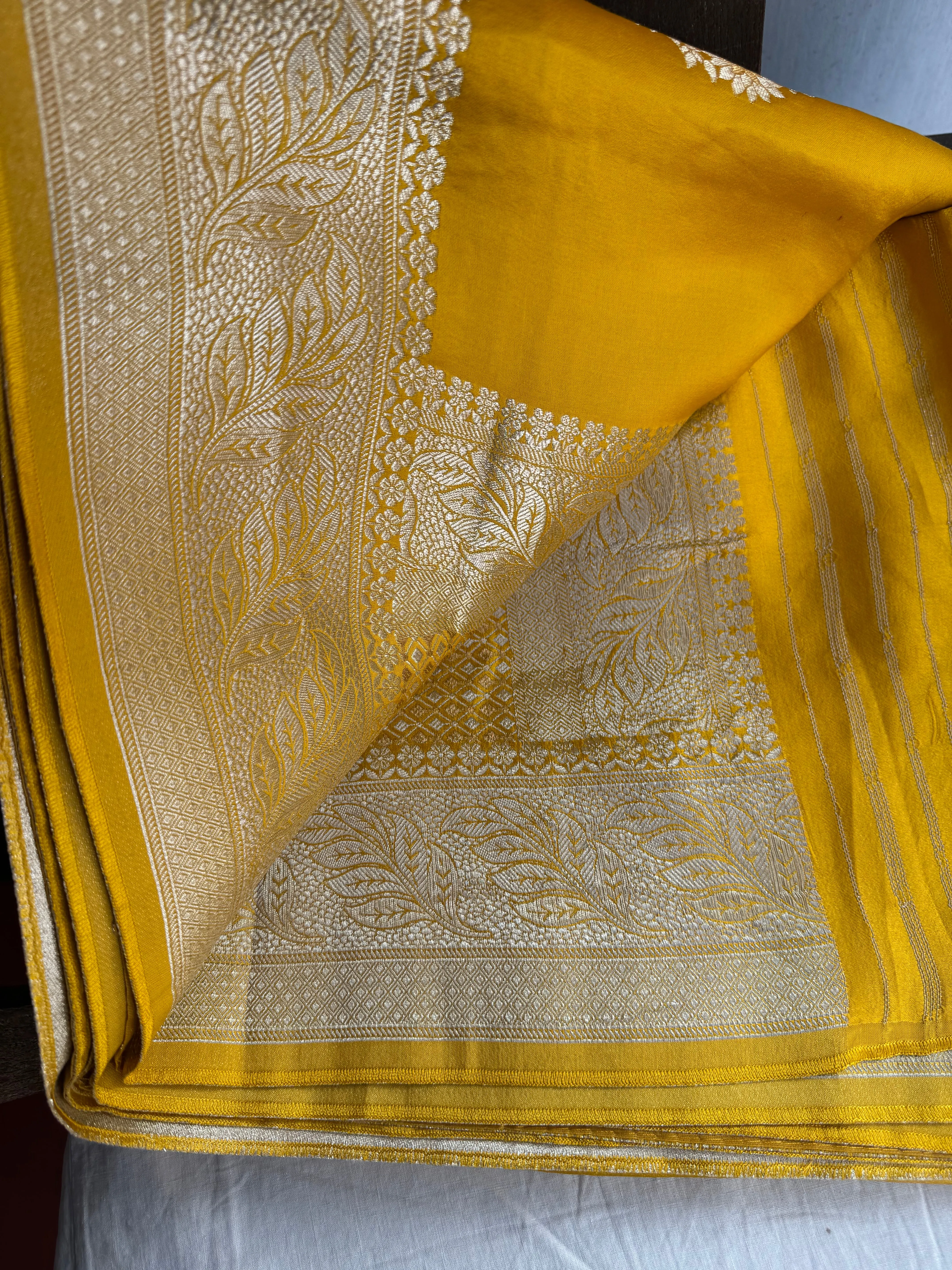 Golden Yellow and Silver Mashru Soft Silk Saree