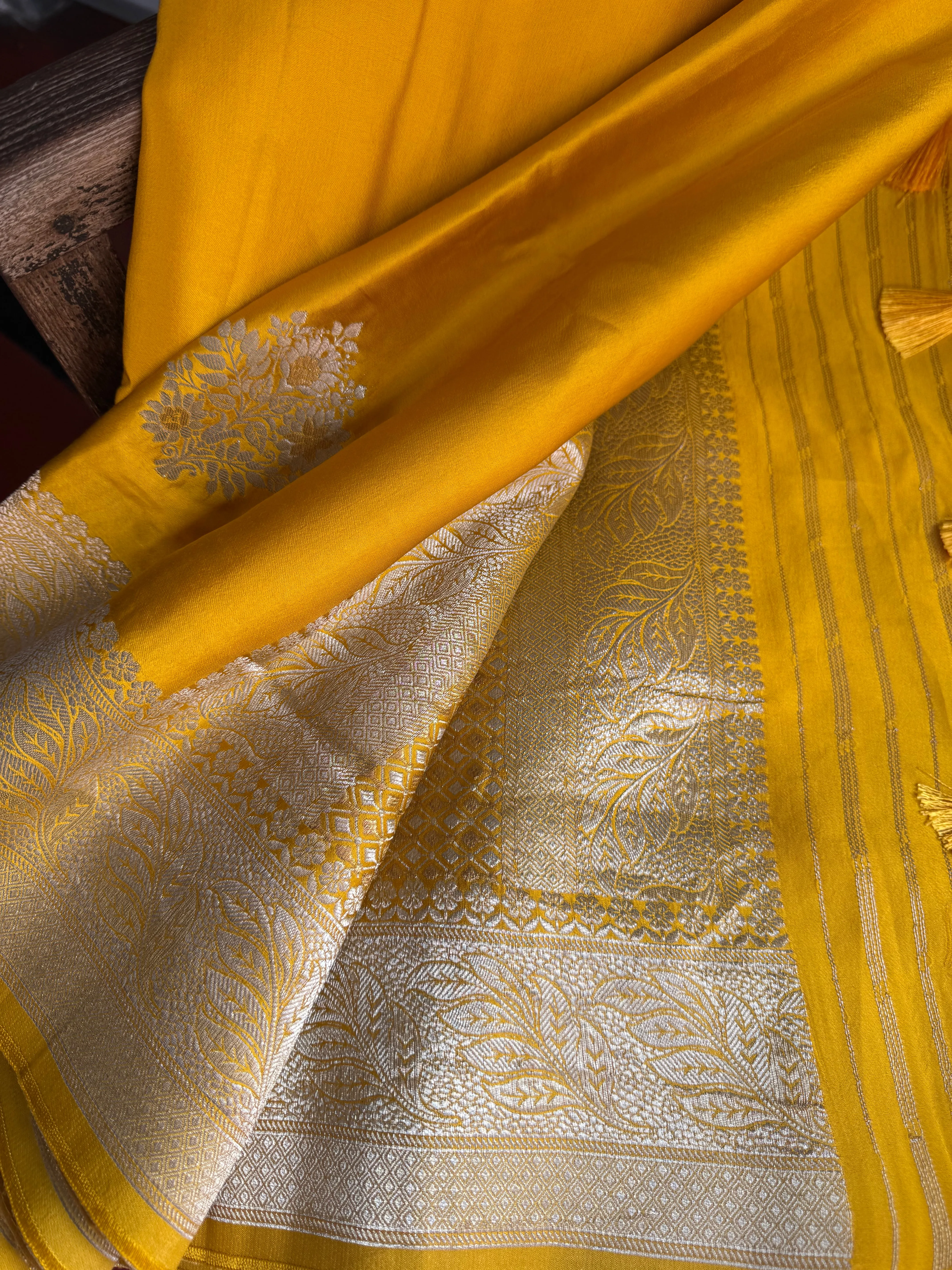 Golden Yellow and Silver Mashru Soft Silk Saree