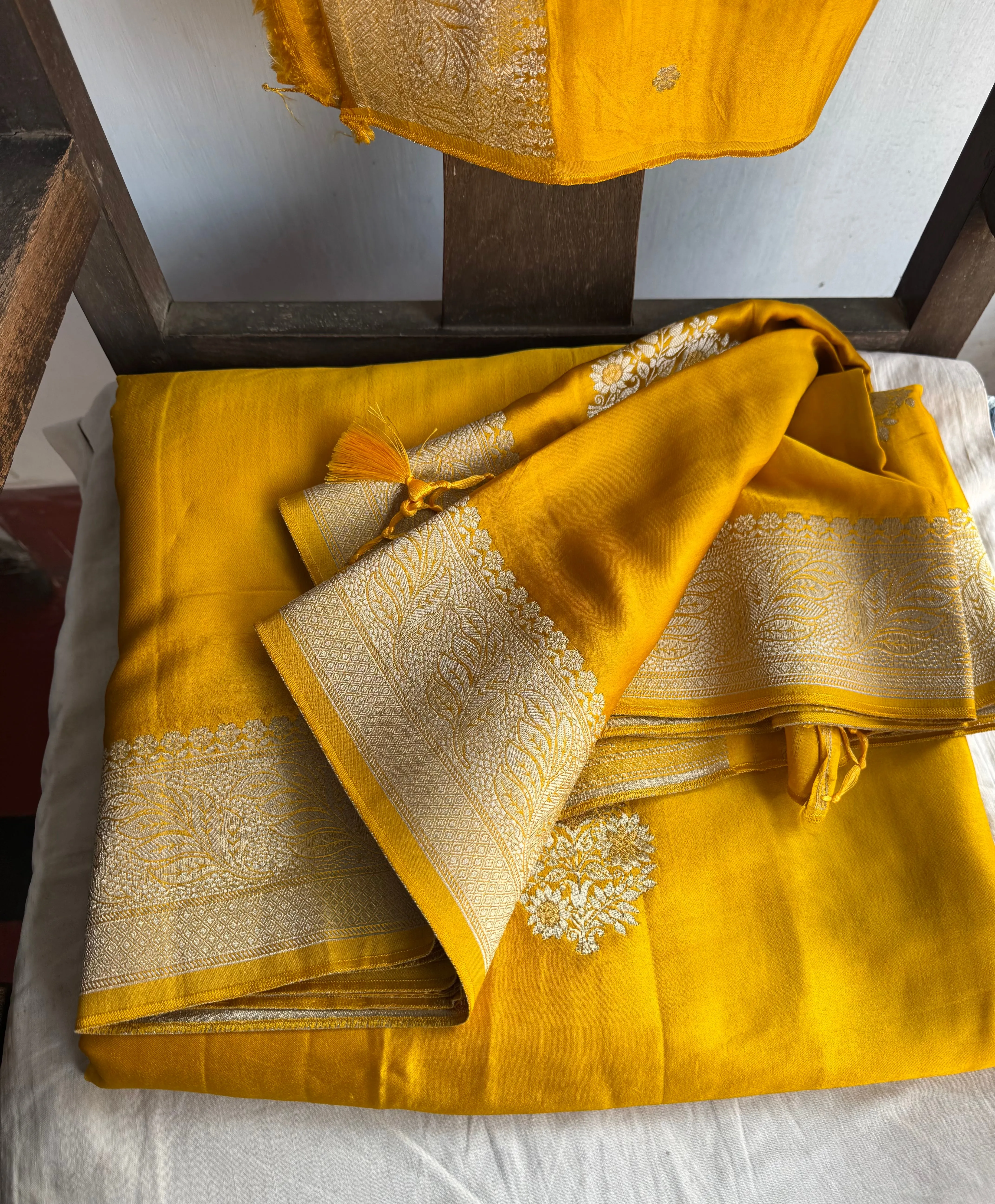 Golden Yellow and Silver Mashru Soft Silk Saree