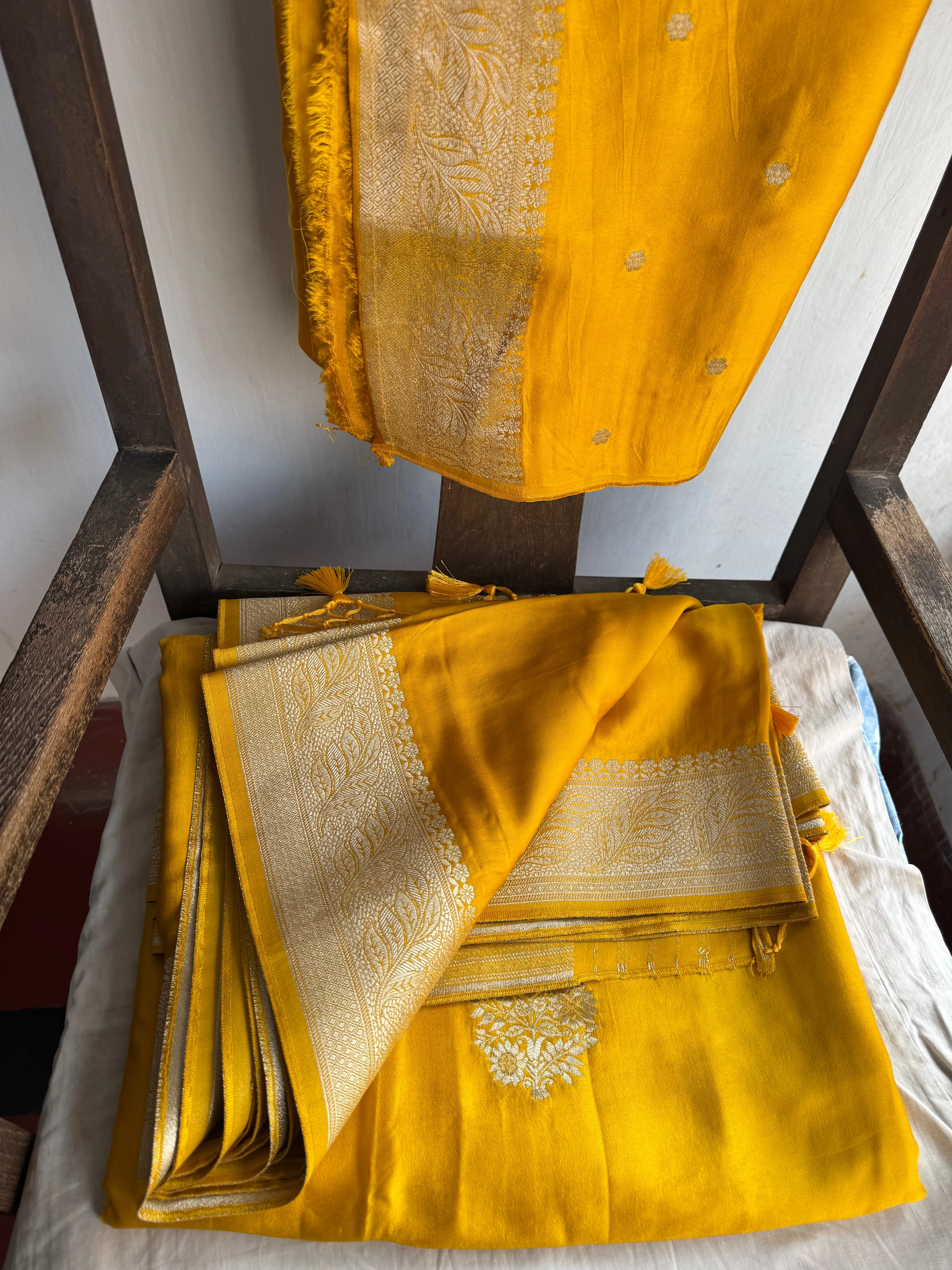 Golden Yellow and Silver Mashru Soft Silk Saree