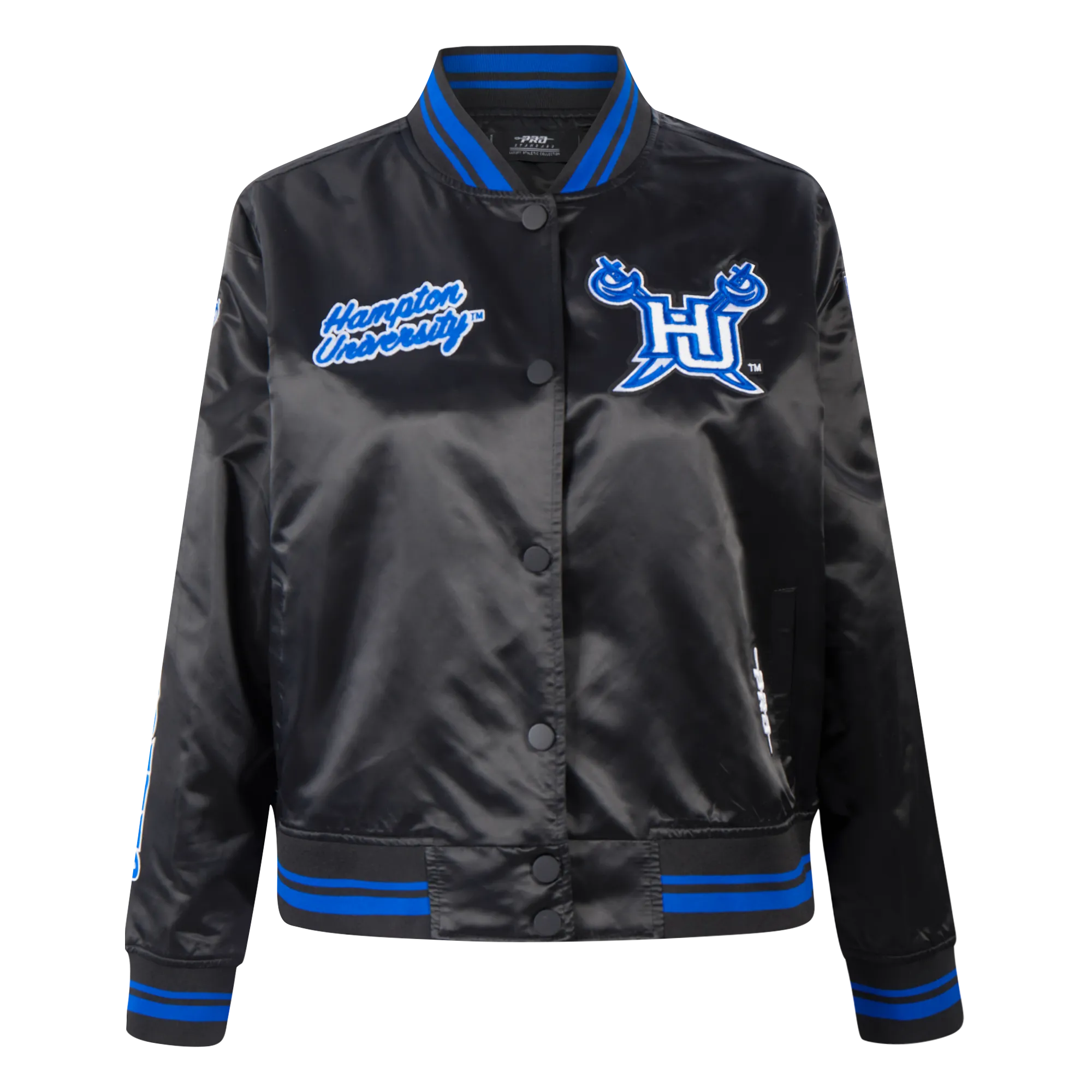 HAMPTON UNIVERSITY CLASSIC WOMEN'S RIB SATIN JACKET (BLACK/ROYAL BLUE/BLACK)