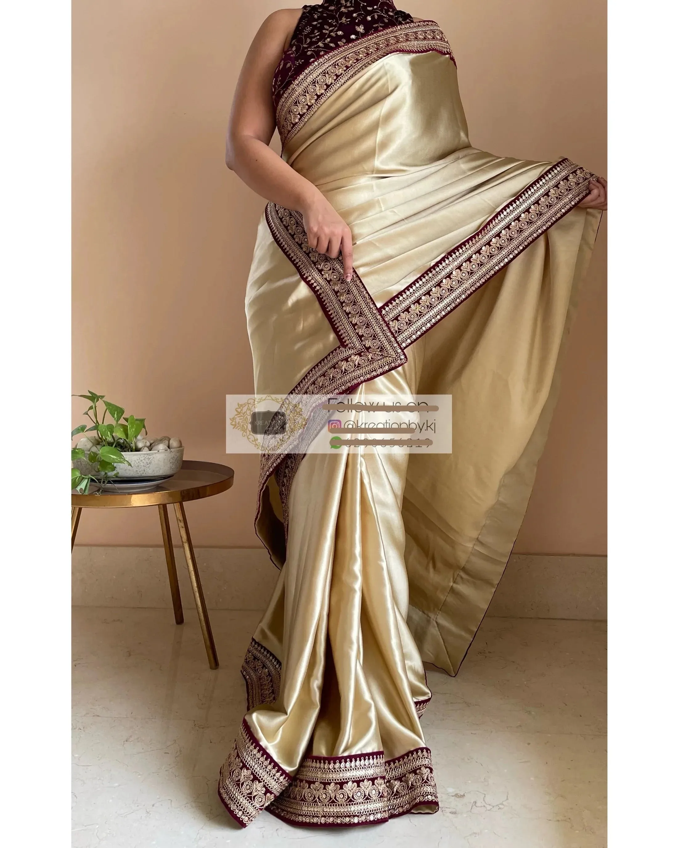 Ivory Satin Saree with Wine Velvet Border