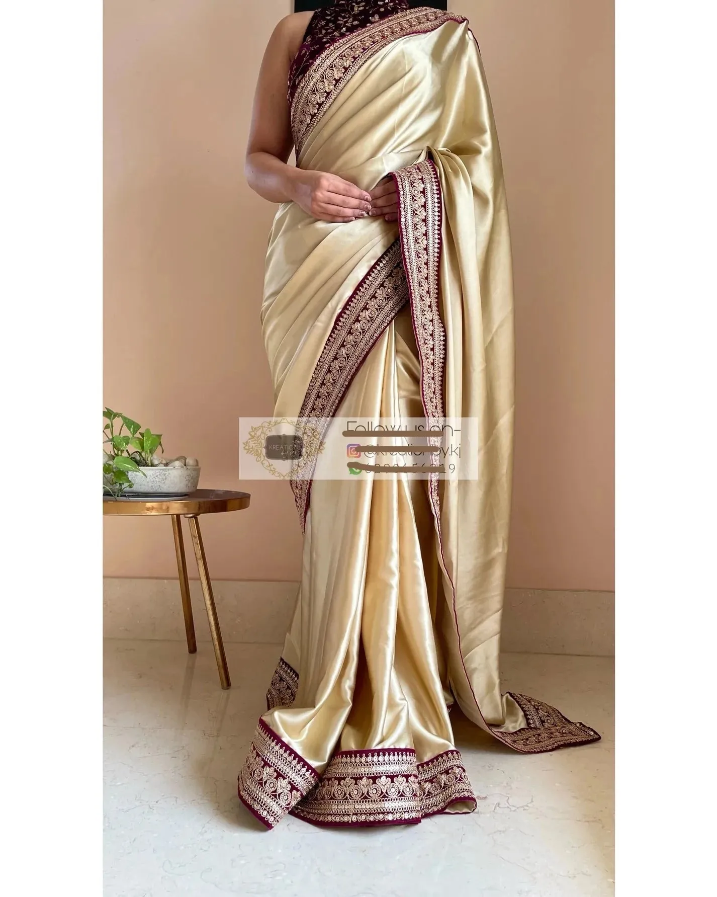 Ivory Satin Saree with Wine Velvet Border