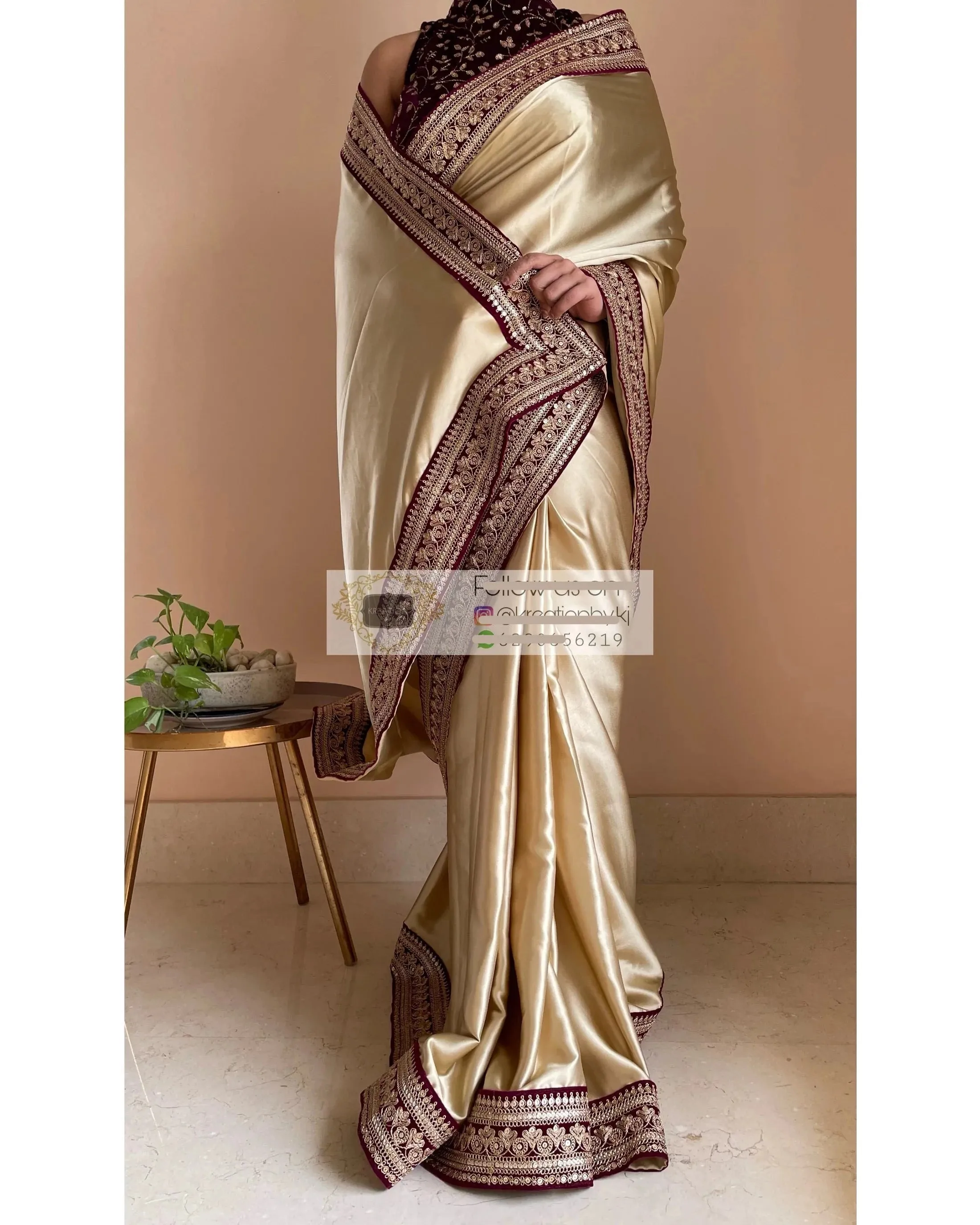 Ivory Satin Saree with Wine Velvet Border