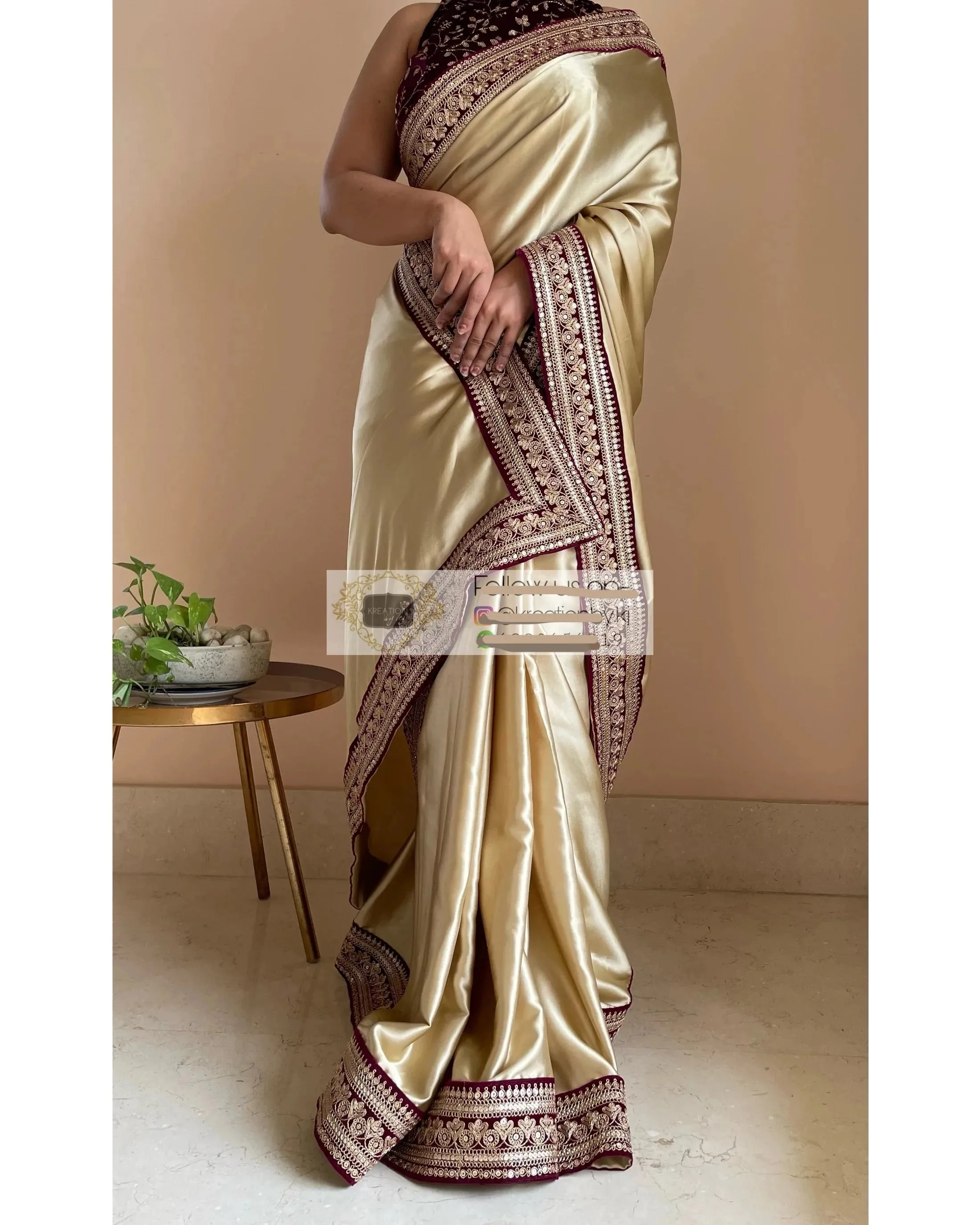 Ivory Satin Saree with Wine Velvet Border