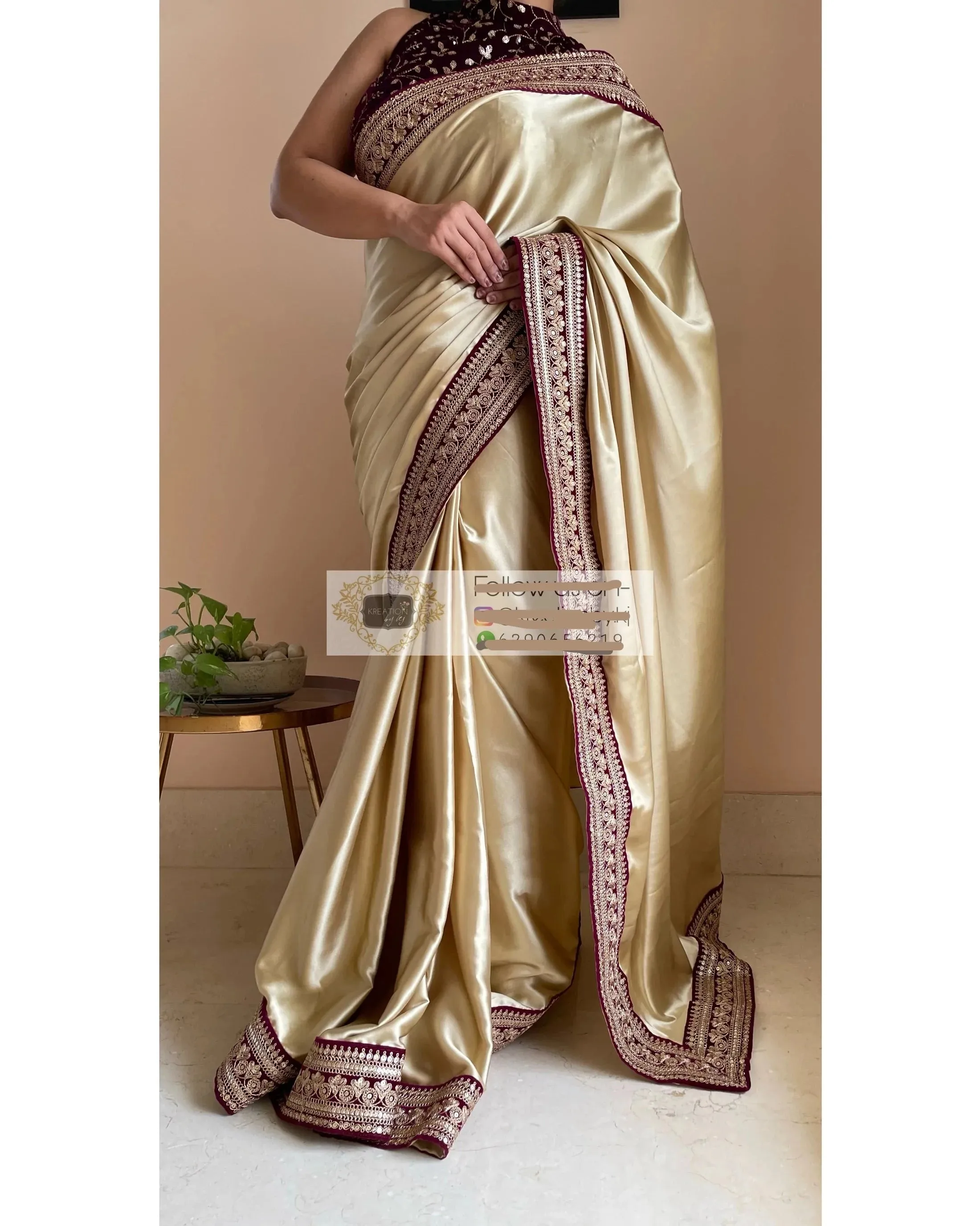 Ivory Satin Saree with Wine Velvet Border