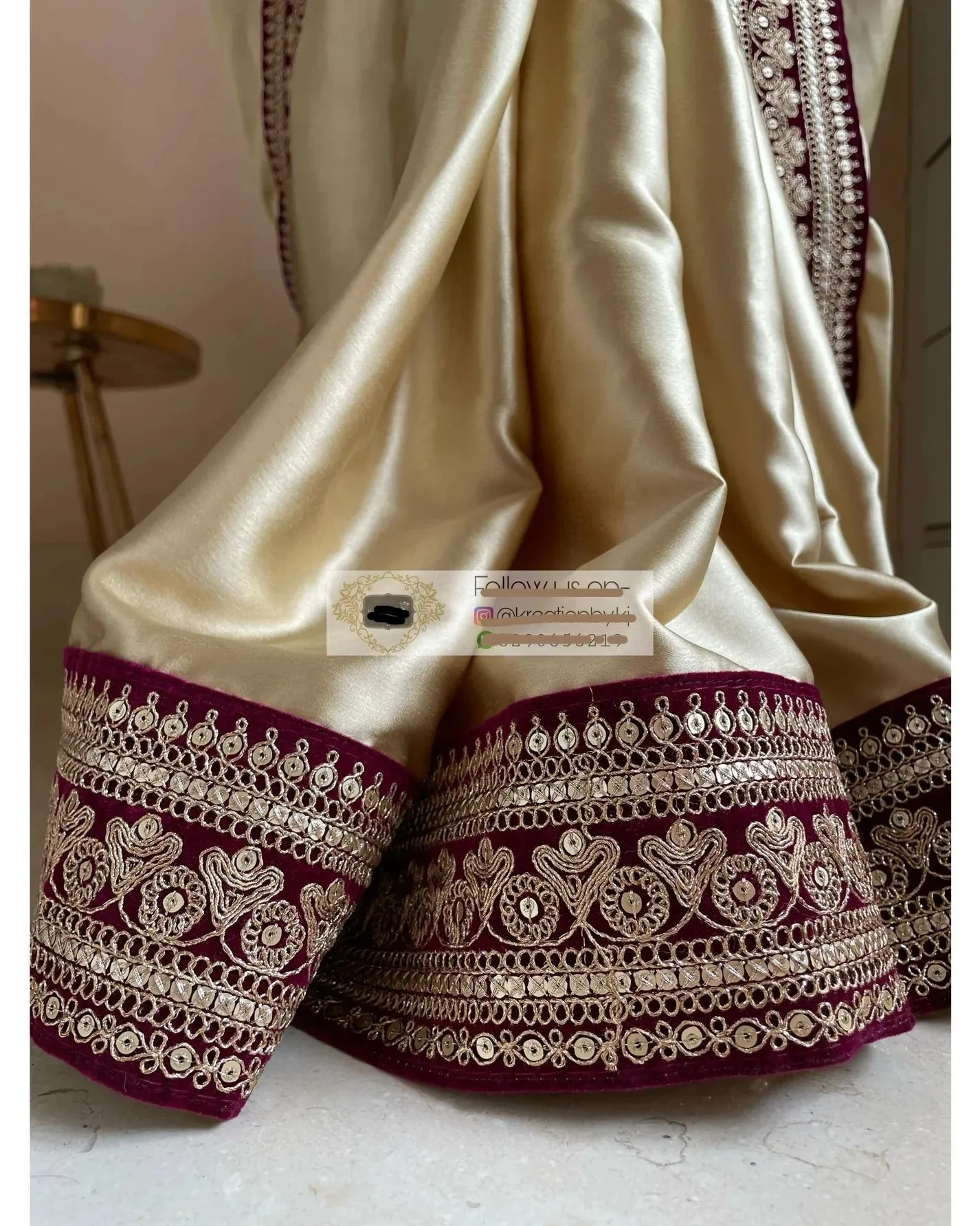 Ivory Satin Saree with Wine Velvet Border