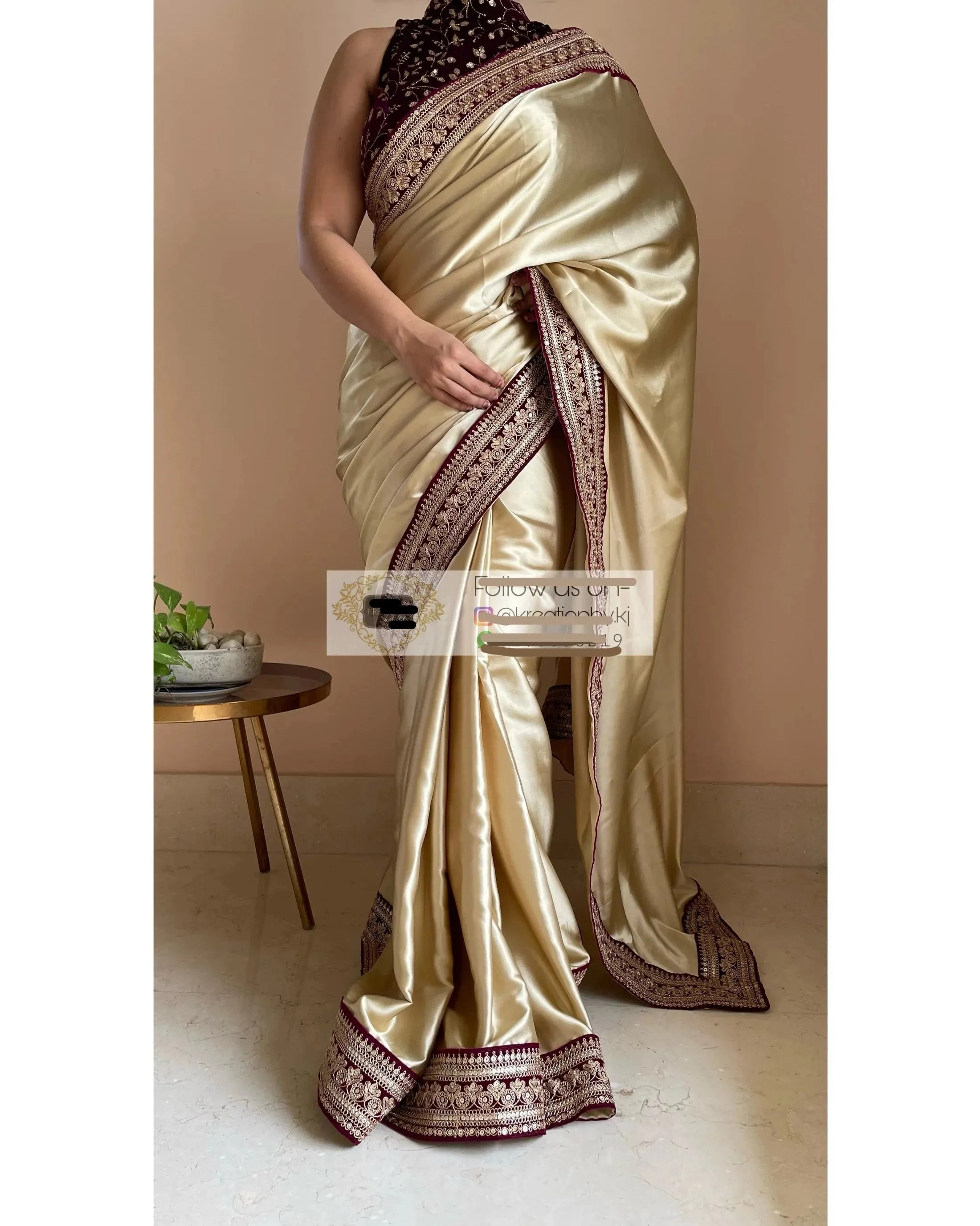Ivory Satin Saree with Wine Velvet Border
