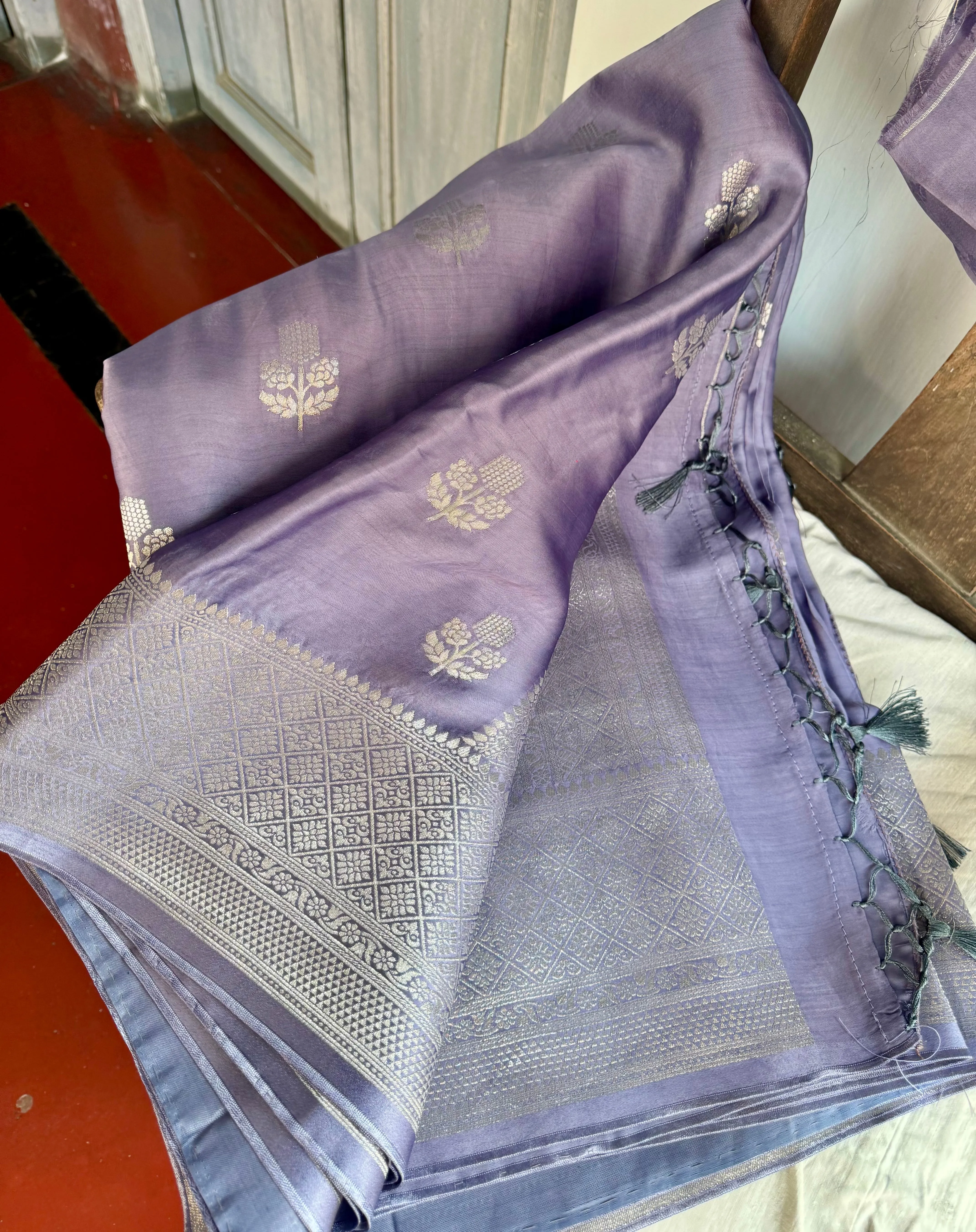 Lavender and Silver Mashru Soft Silk Saree