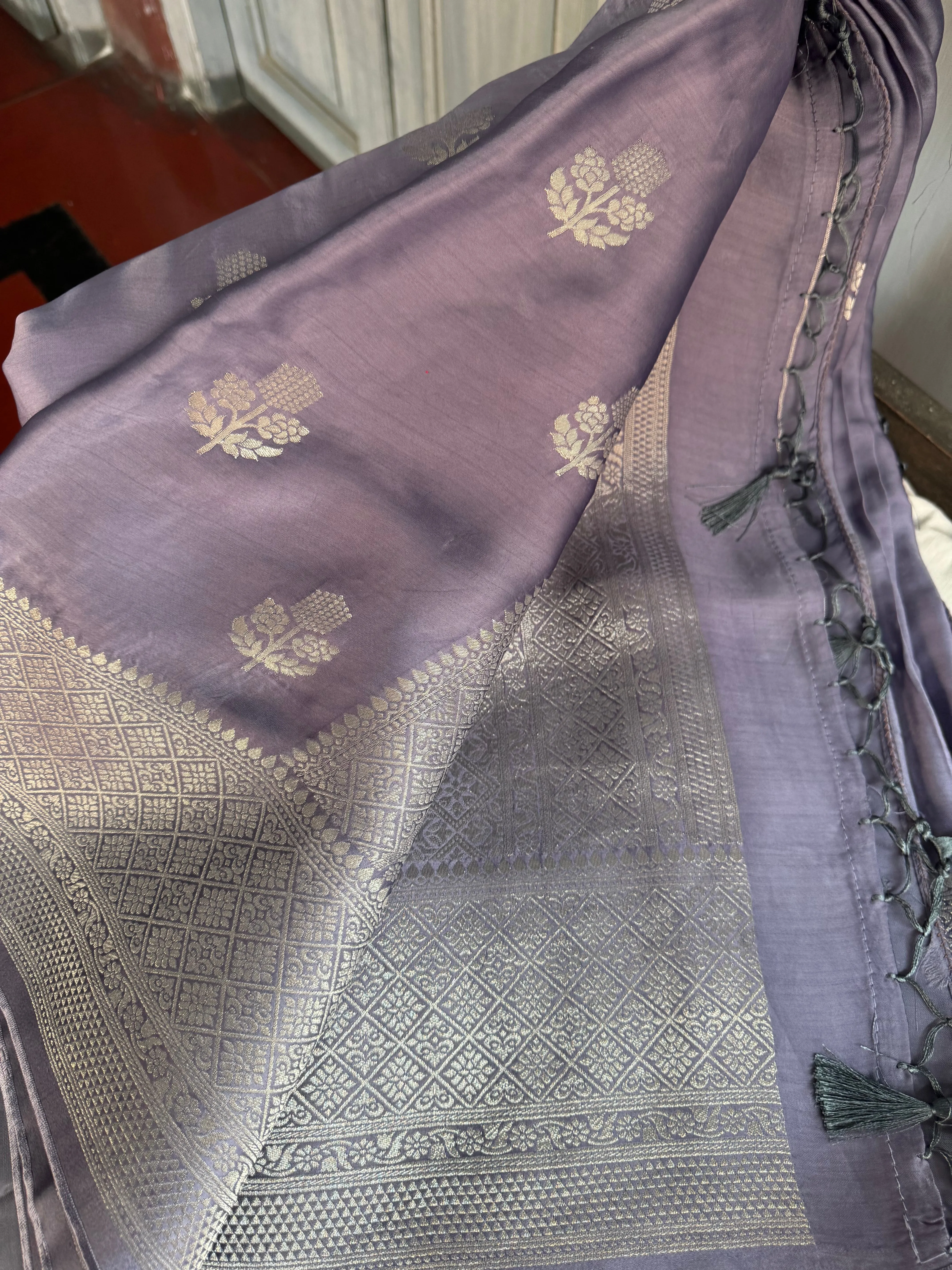 Lavender and Silver Mashru Soft Silk Saree