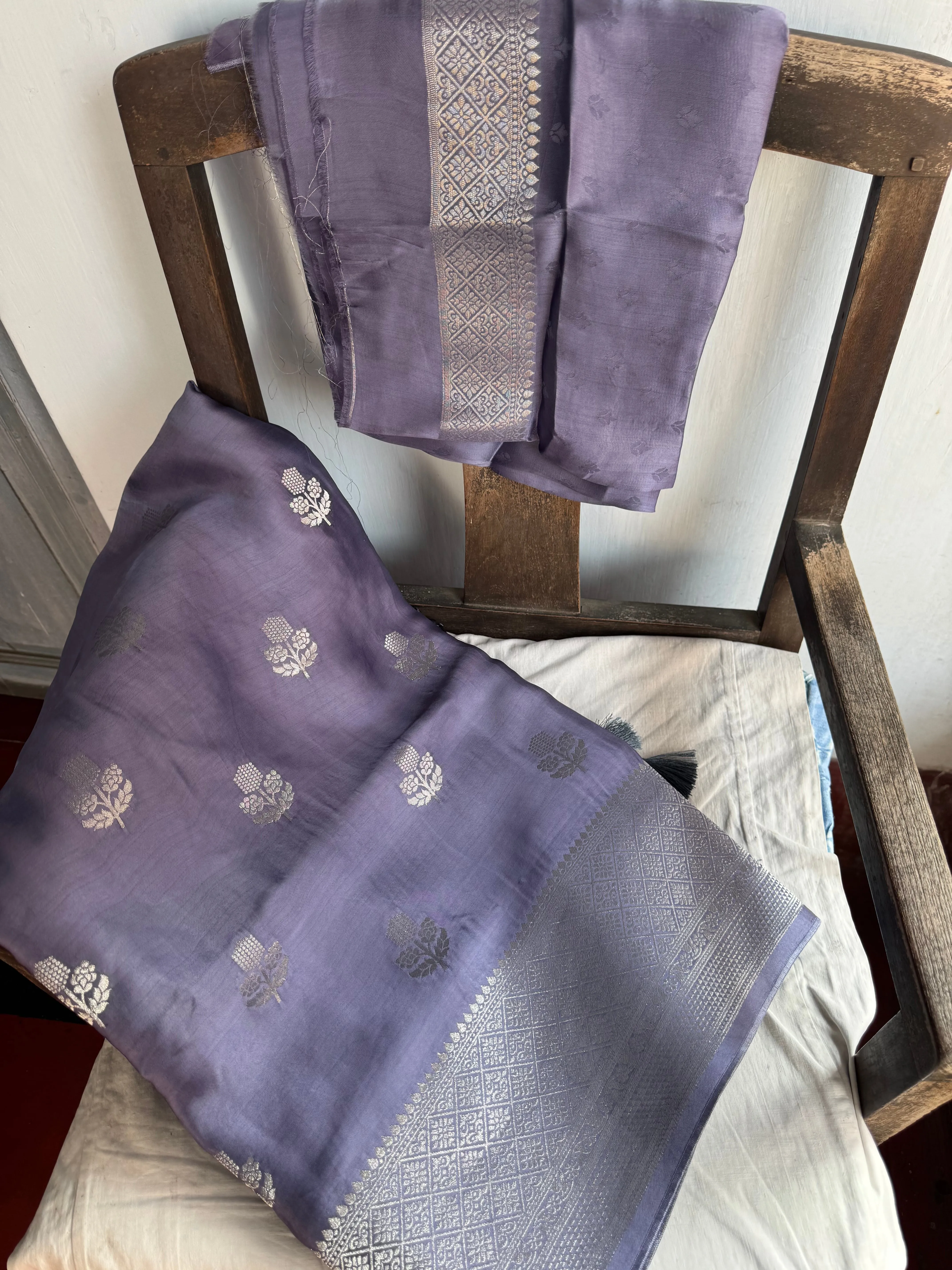 Lavender and Silver Mashru Soft Silk Saree
