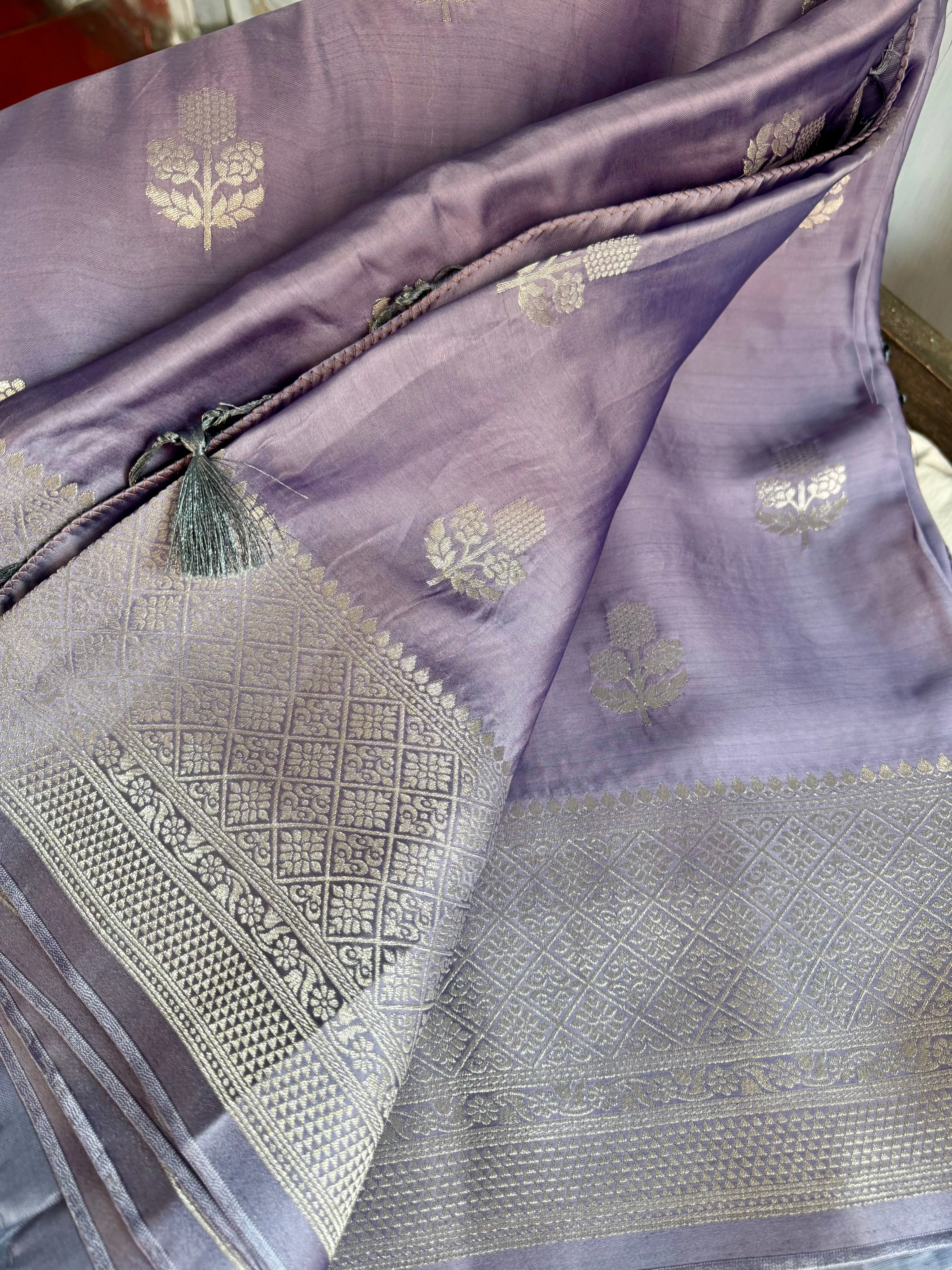 Lavender and Silver Mashru Soft Silk Saree