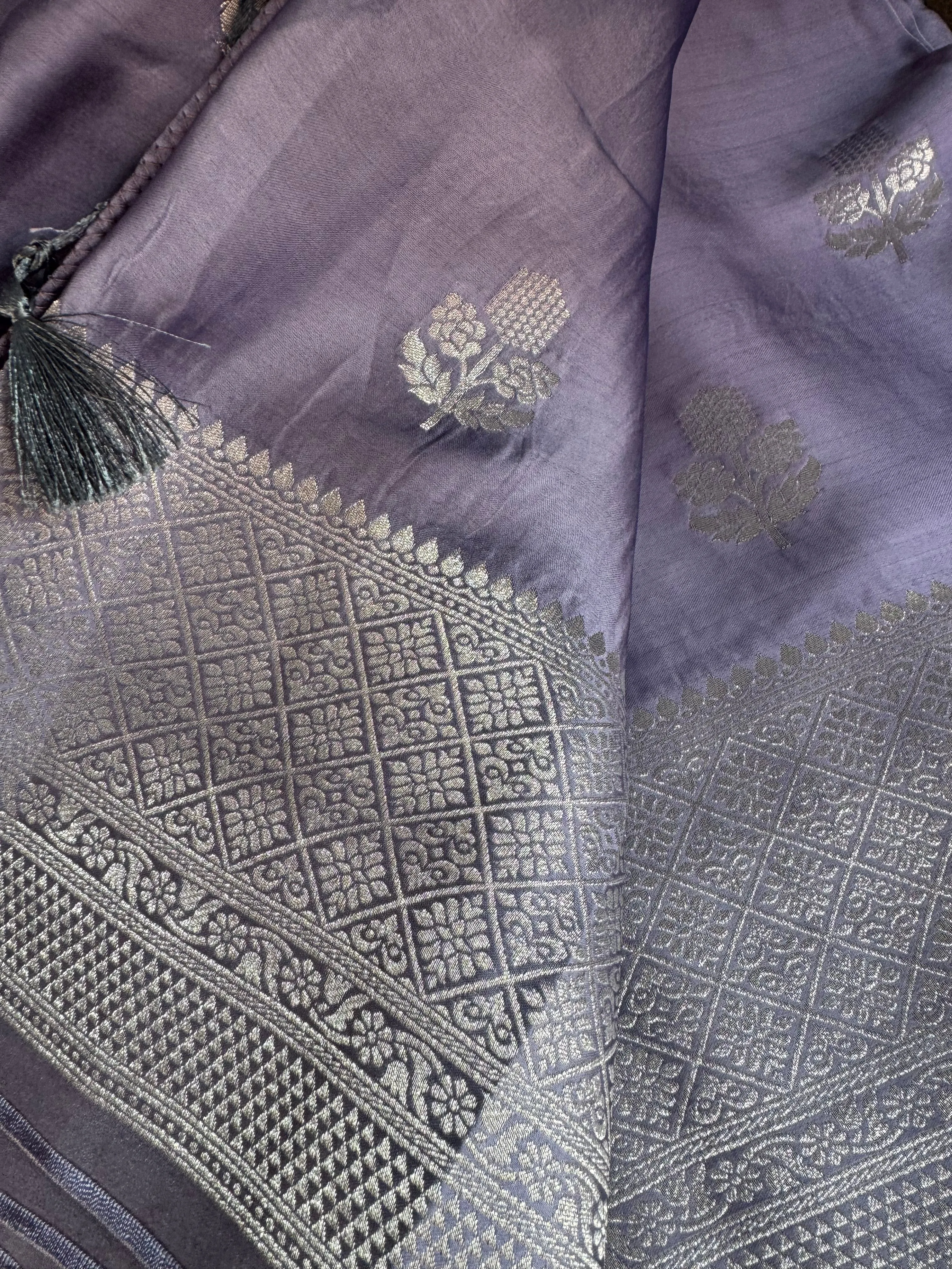 Lavender and Silver Mashru Soft Silk Saree