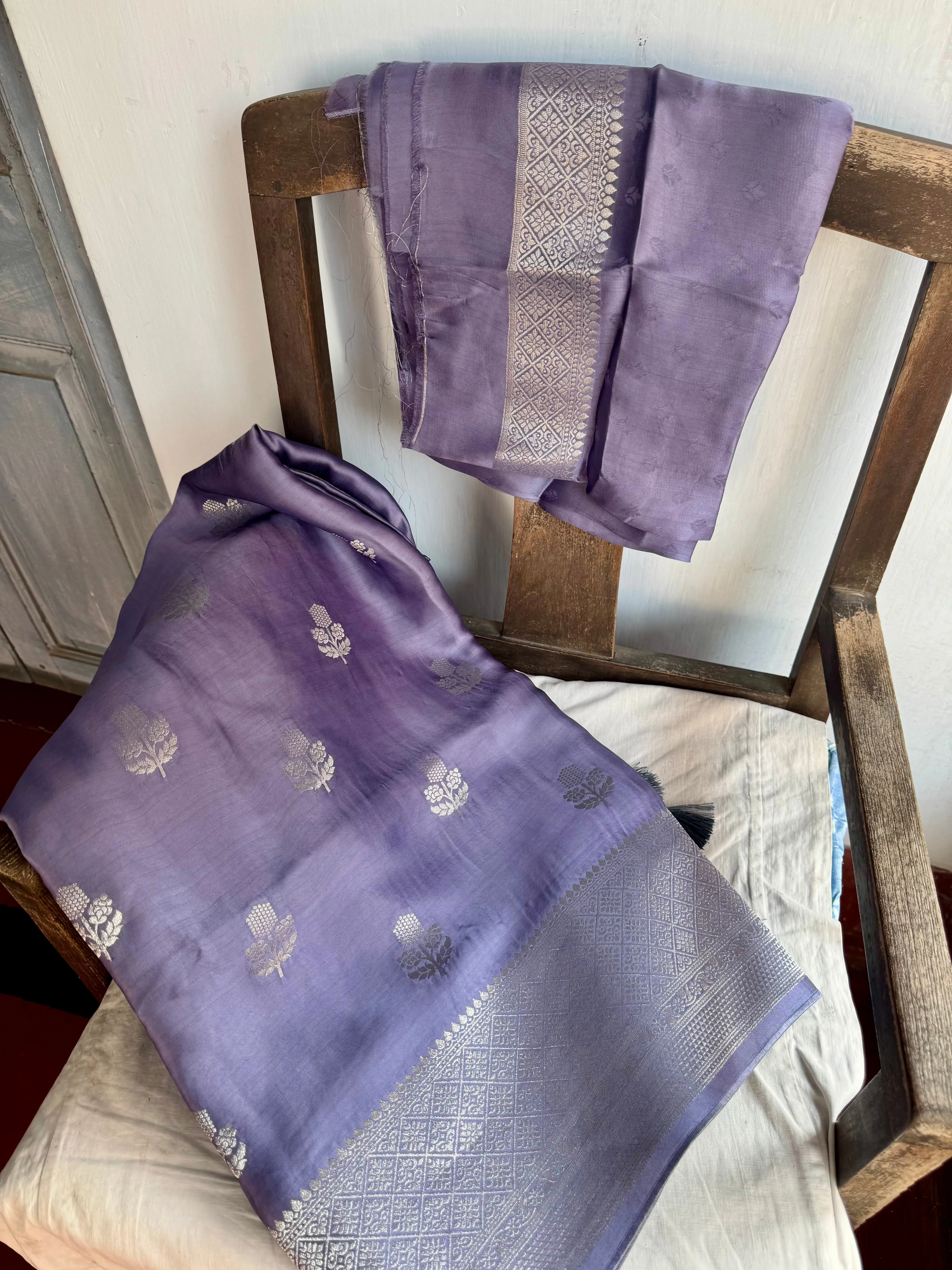 Lavender and Silver Mashru Soft Silk Saree