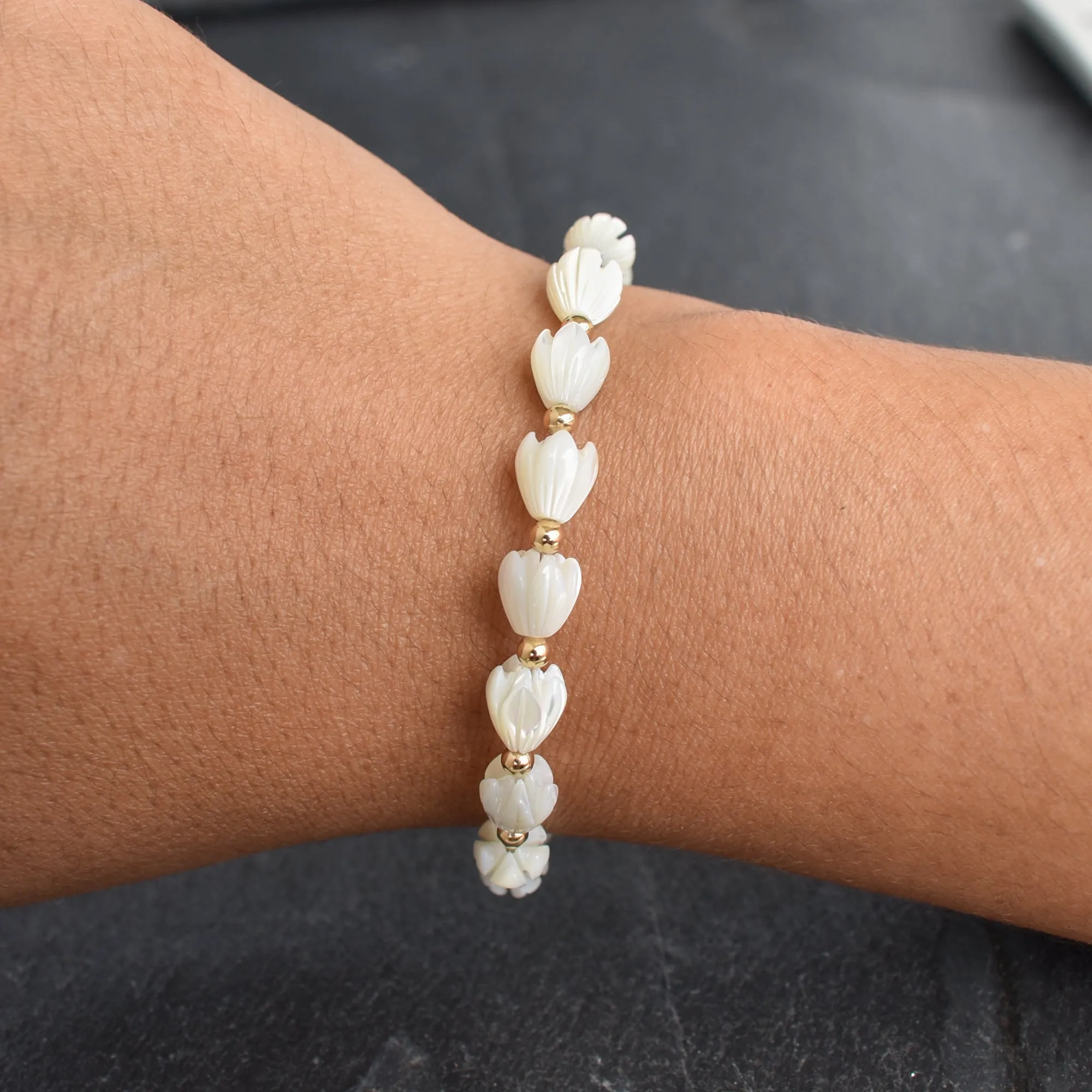 Pikake & Metal Bead Accent Stretchy Bracelet - Adult or Child Sizes