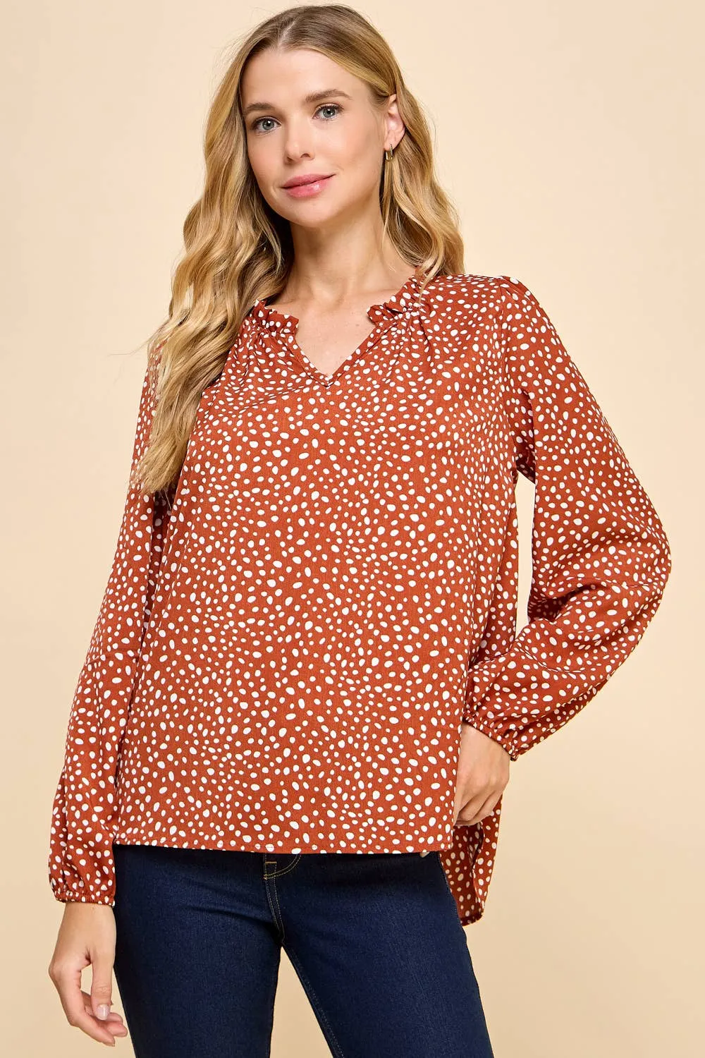 Polka Dot Printed Top with Ruffled V Neck