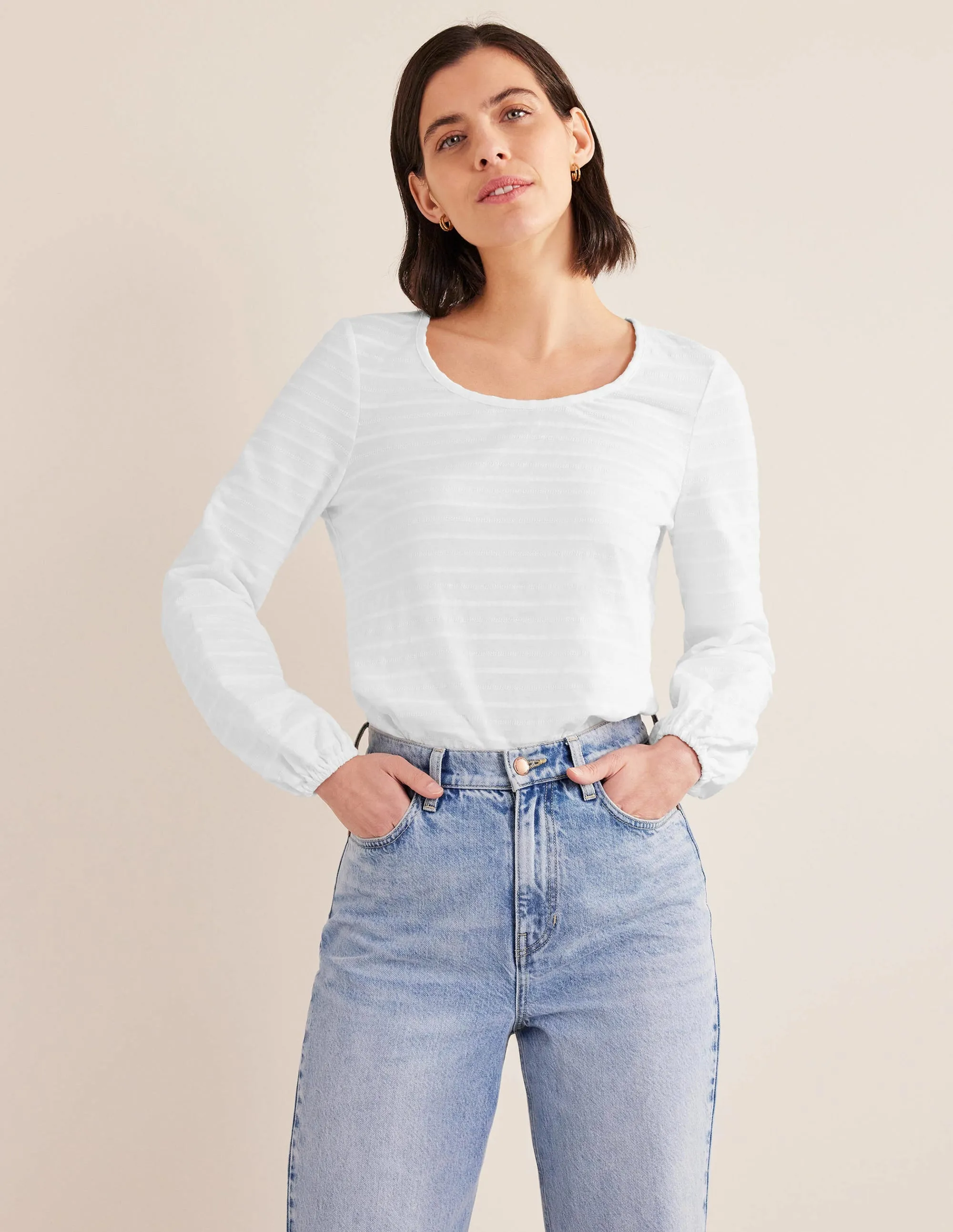 Scoop Neck Textured Top-White