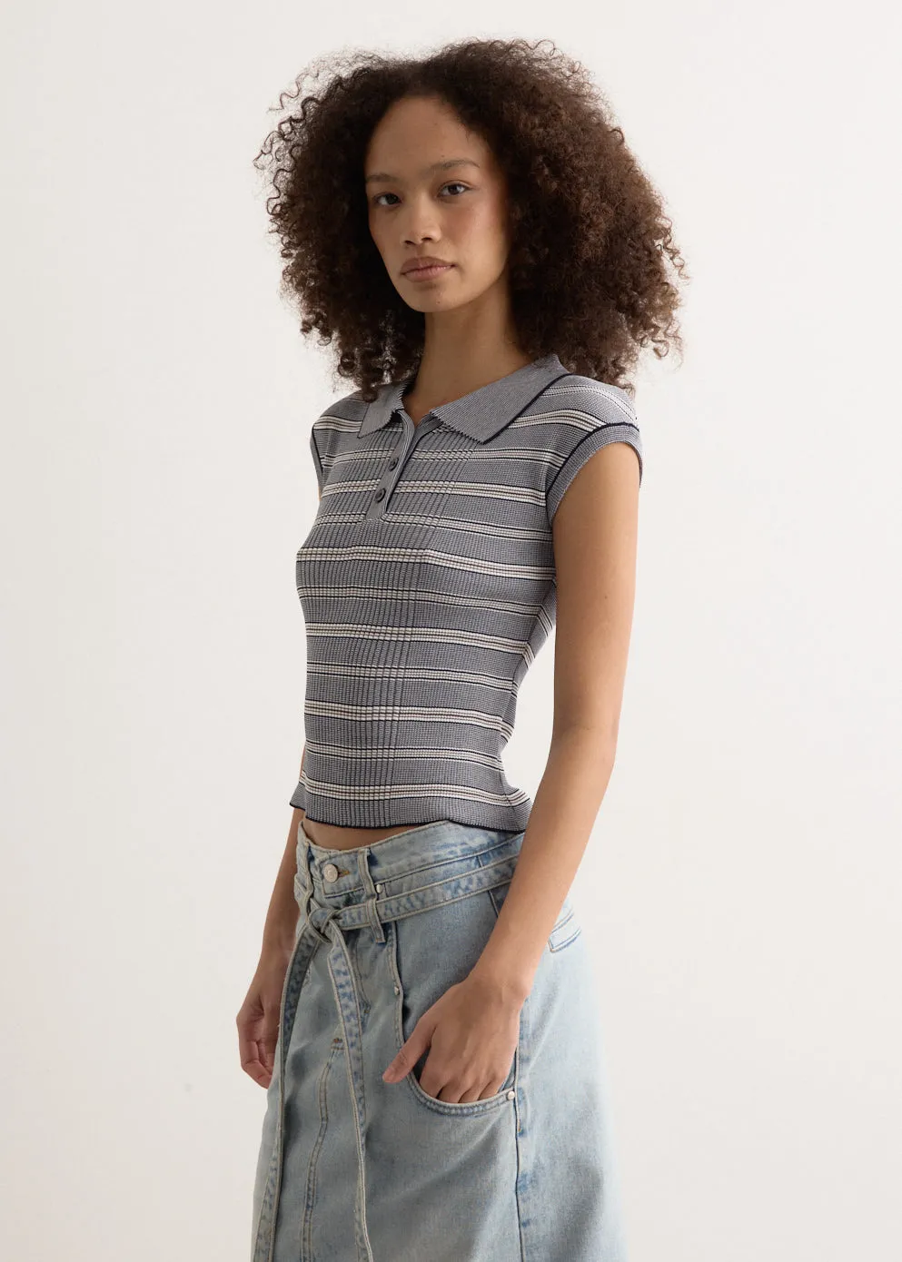 Stripe Pique Cap Sleeve Knit Top